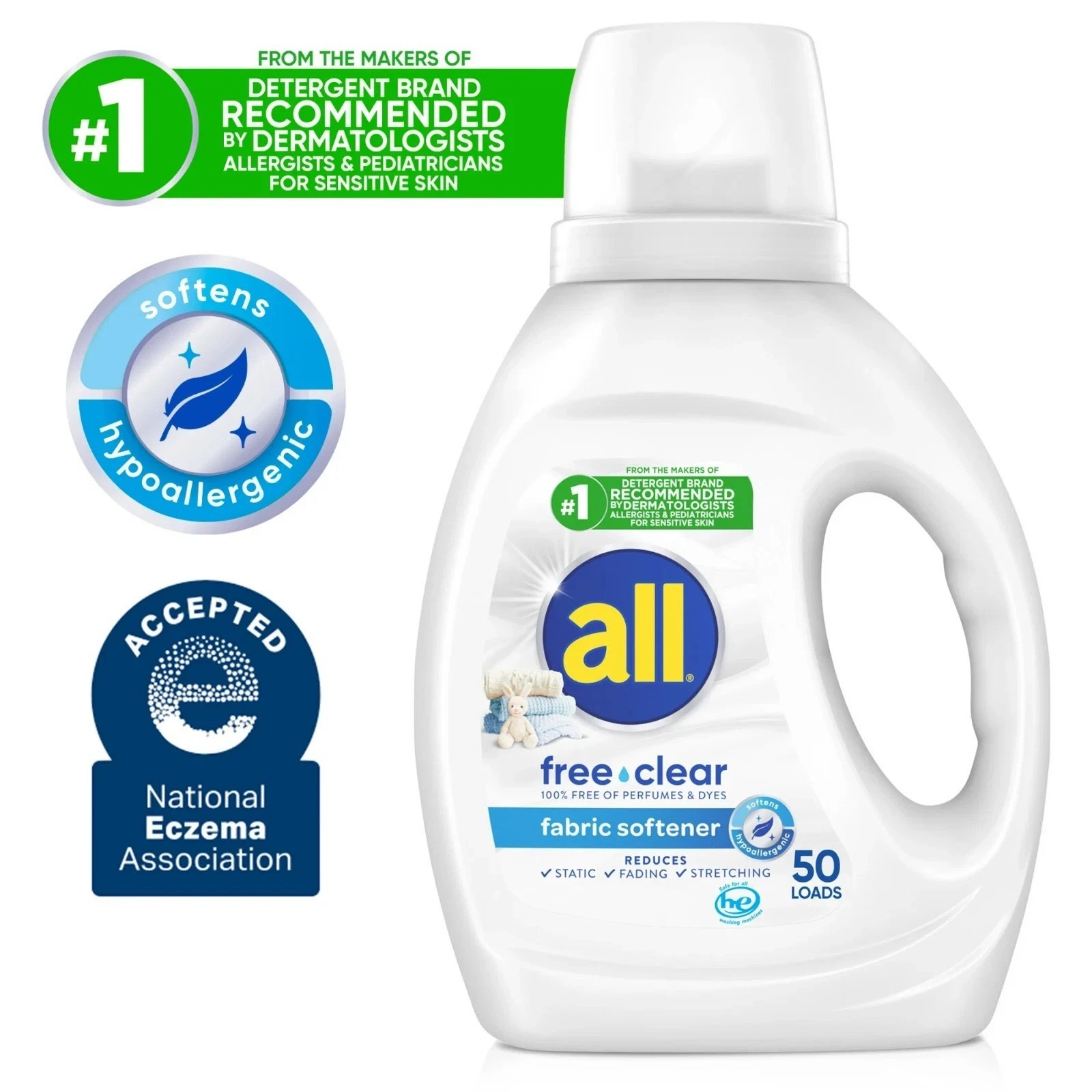 All Liquid Fabric Softener, Free Clear, 34 fl oz, 50 Loads