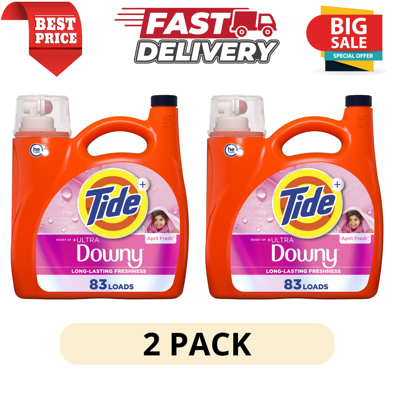 2 Pack Tide April Fresh Liquid Laundry Detergent Ultra Downy 117 fl oz 83 Loads