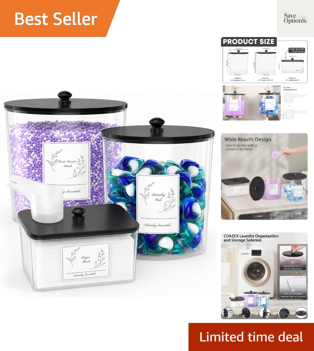 3 Pack Clear Laundry Powder Container & Dryer Sheet Holder,Black Lid | Modern…