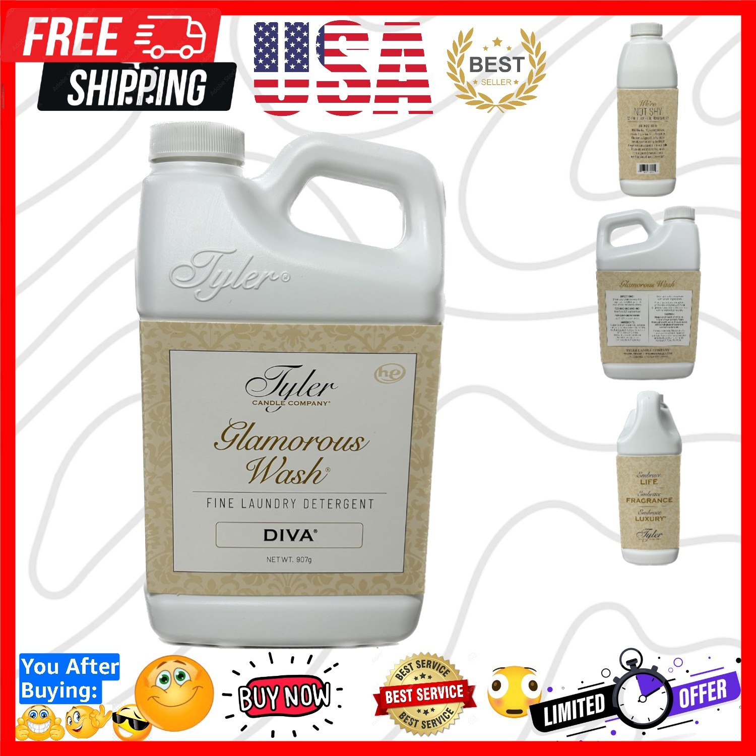 Tyler Glam Wash Laundry Detergent, Diva 907g, Liquid, 32 FL Oz 0.95L HE Safe