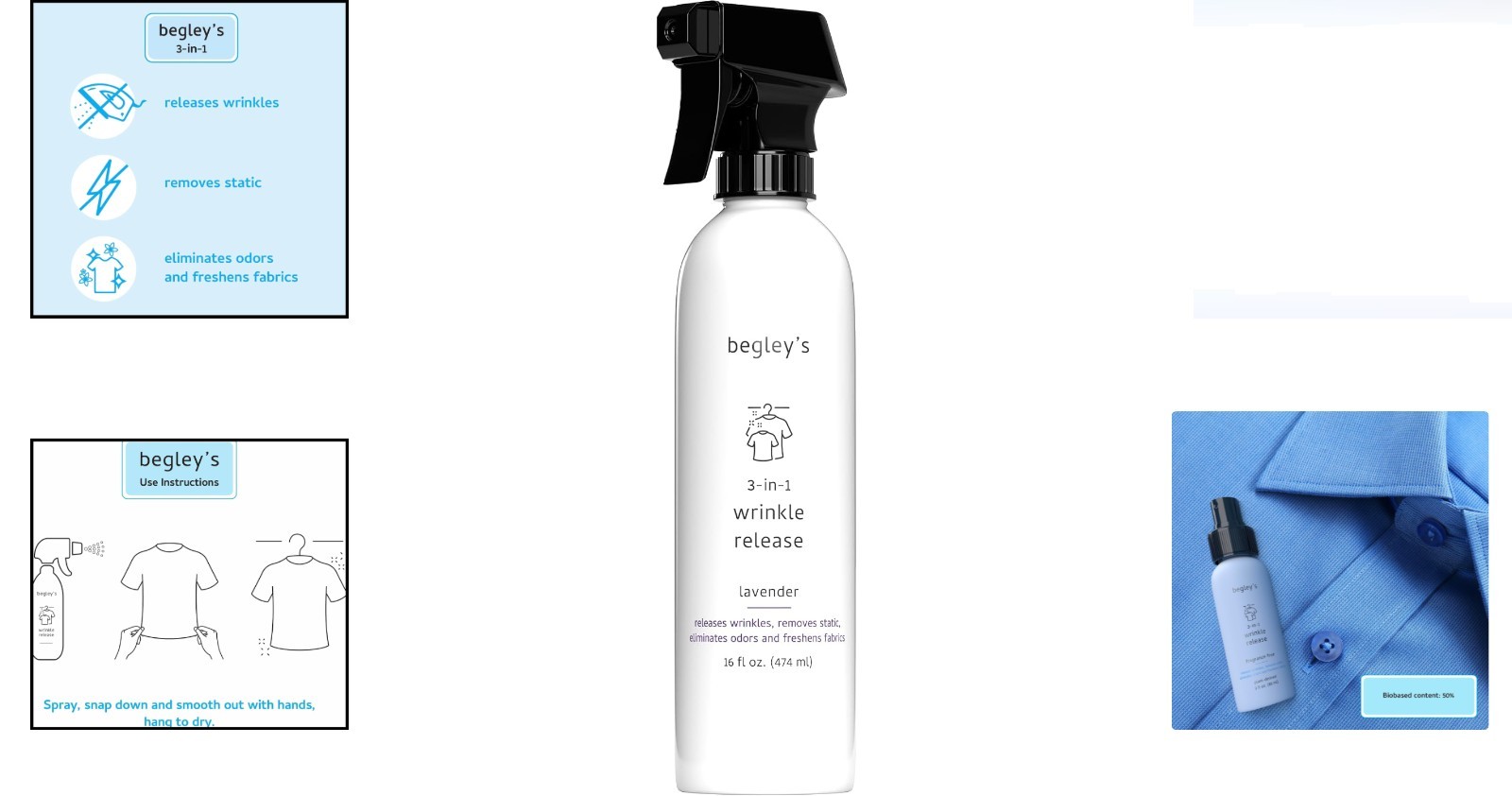 3-in-1 Wrinkle Remover Spray 16oz Lavender Biobased Static Cling Eliminator