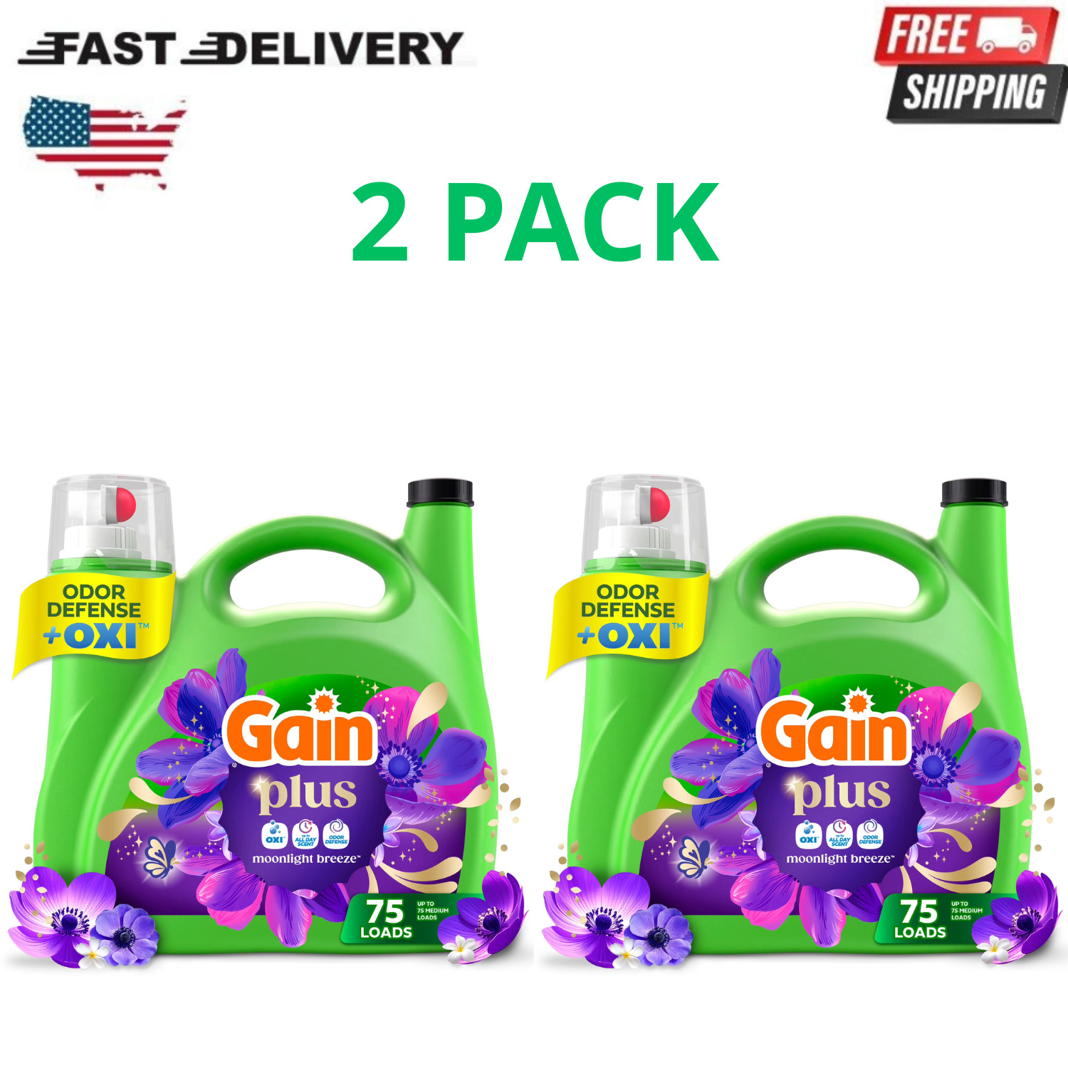 Gain Plus Liquid Detergent Moonlight Breeze 99oz 75 Loads Oxi, 2 Pack