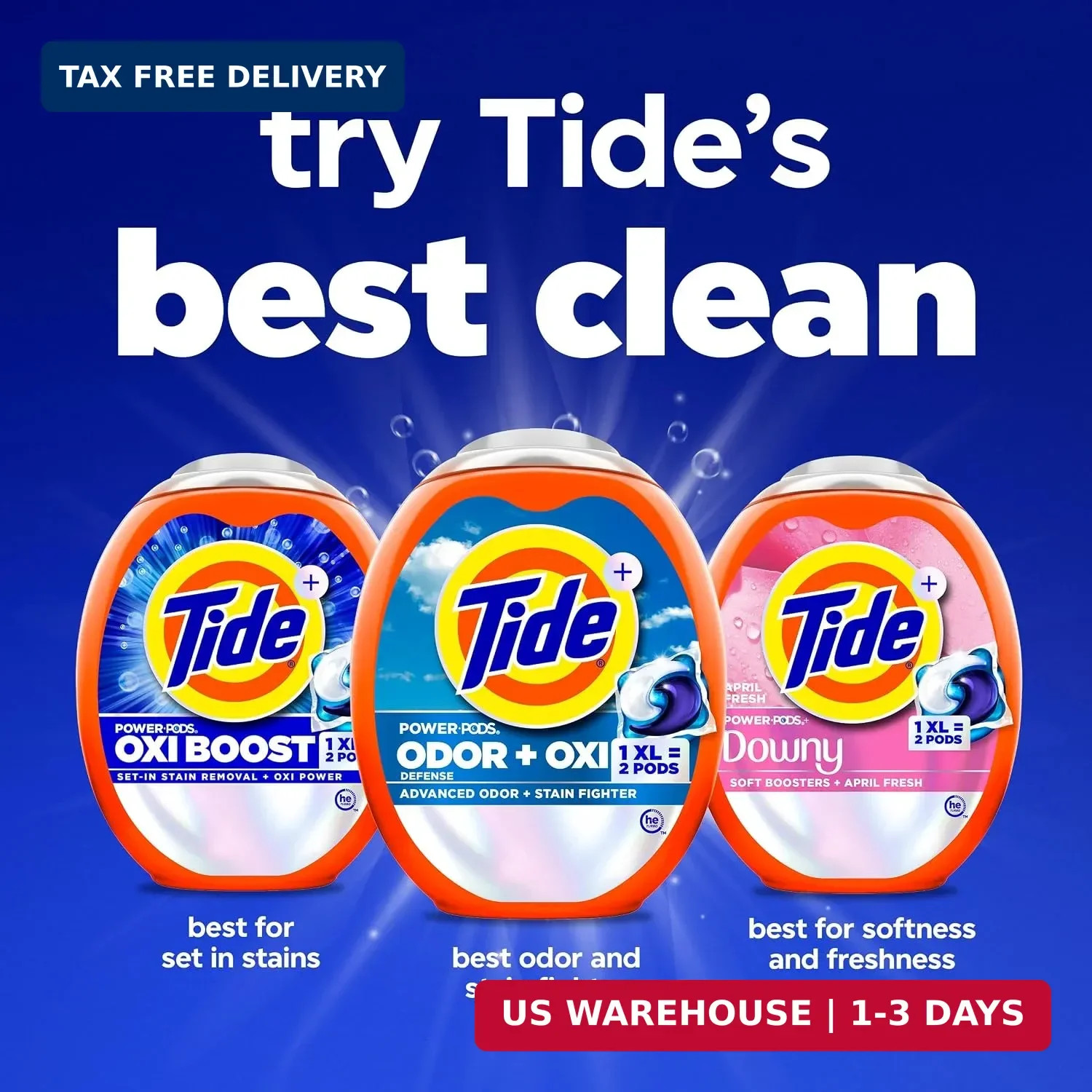 Tide Odor Defense + Oxi Laundry Detergent Pacs, Original Scent, 63 Count, Advanc