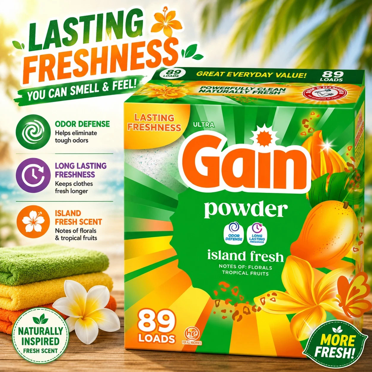 Gain Powder Laundry Detergent, Island Fresh Scent, 82 oz, 89 Loads-Free Shipping
