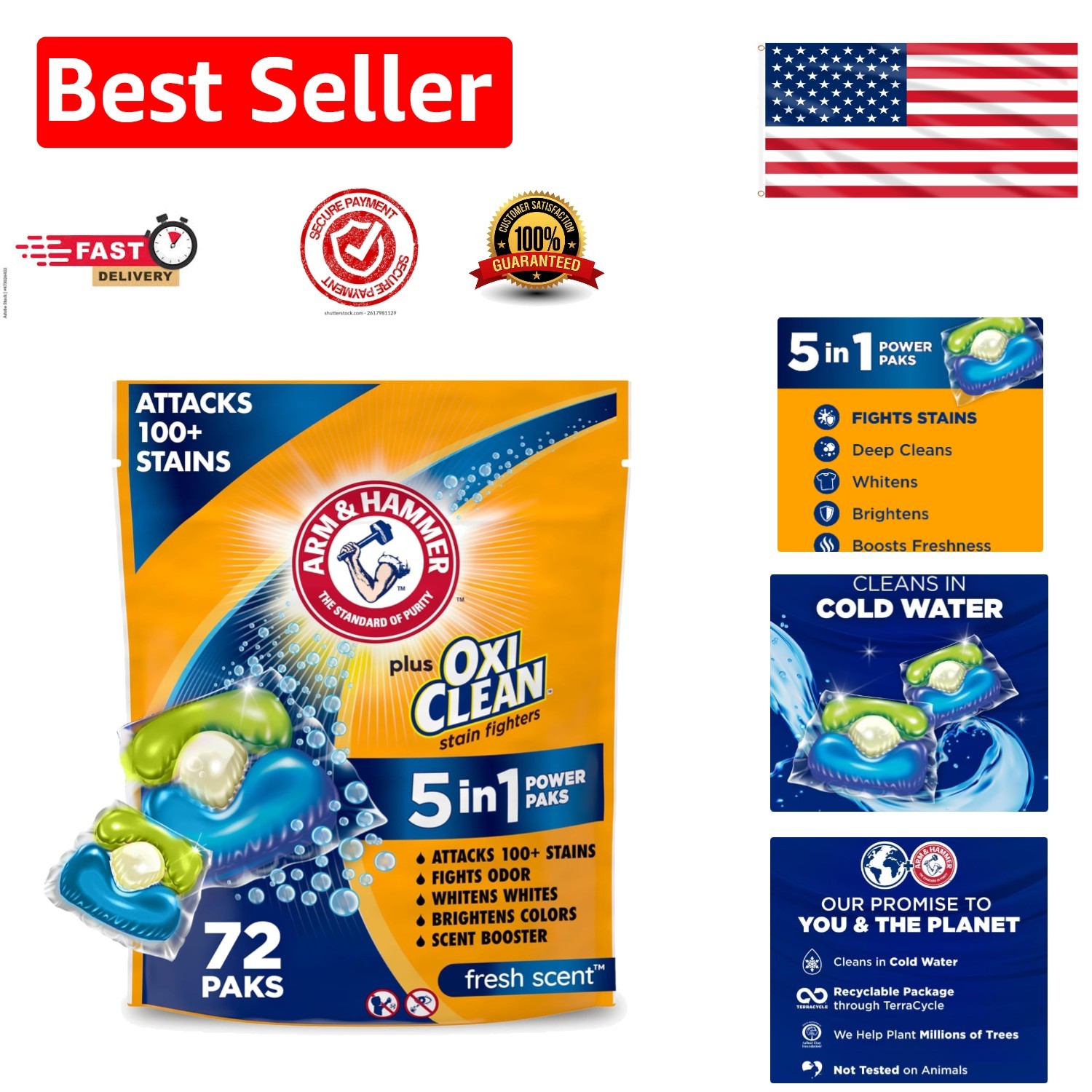 72 Count Plus OxiClean Stain Fighters – 5-in-1 Power Paks with Fresh Fragrance