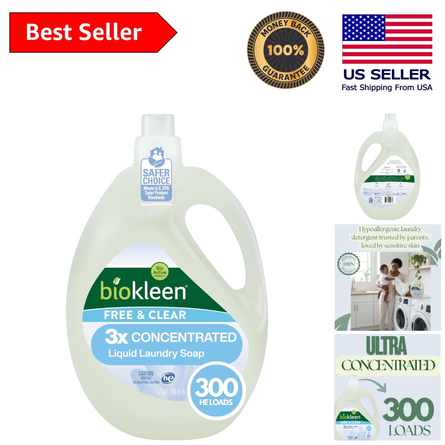 Hypoallergenic Unscented Laundry Detergent – 150 Oz, 300 Loads Stain Remover