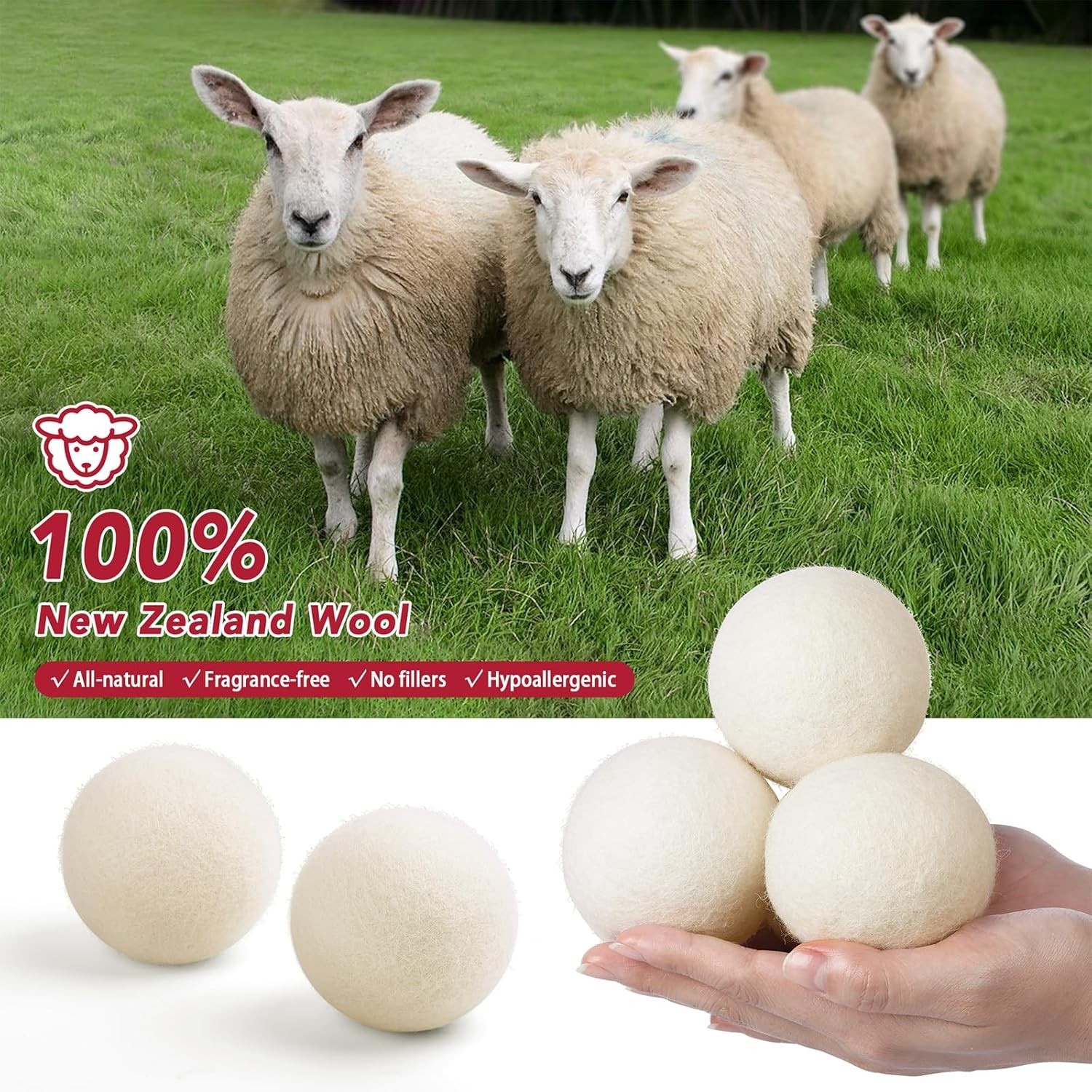 100% New Zealand Wool Dryer Balls XL Size – 6 Pack, Organic & Chemical-Free F…