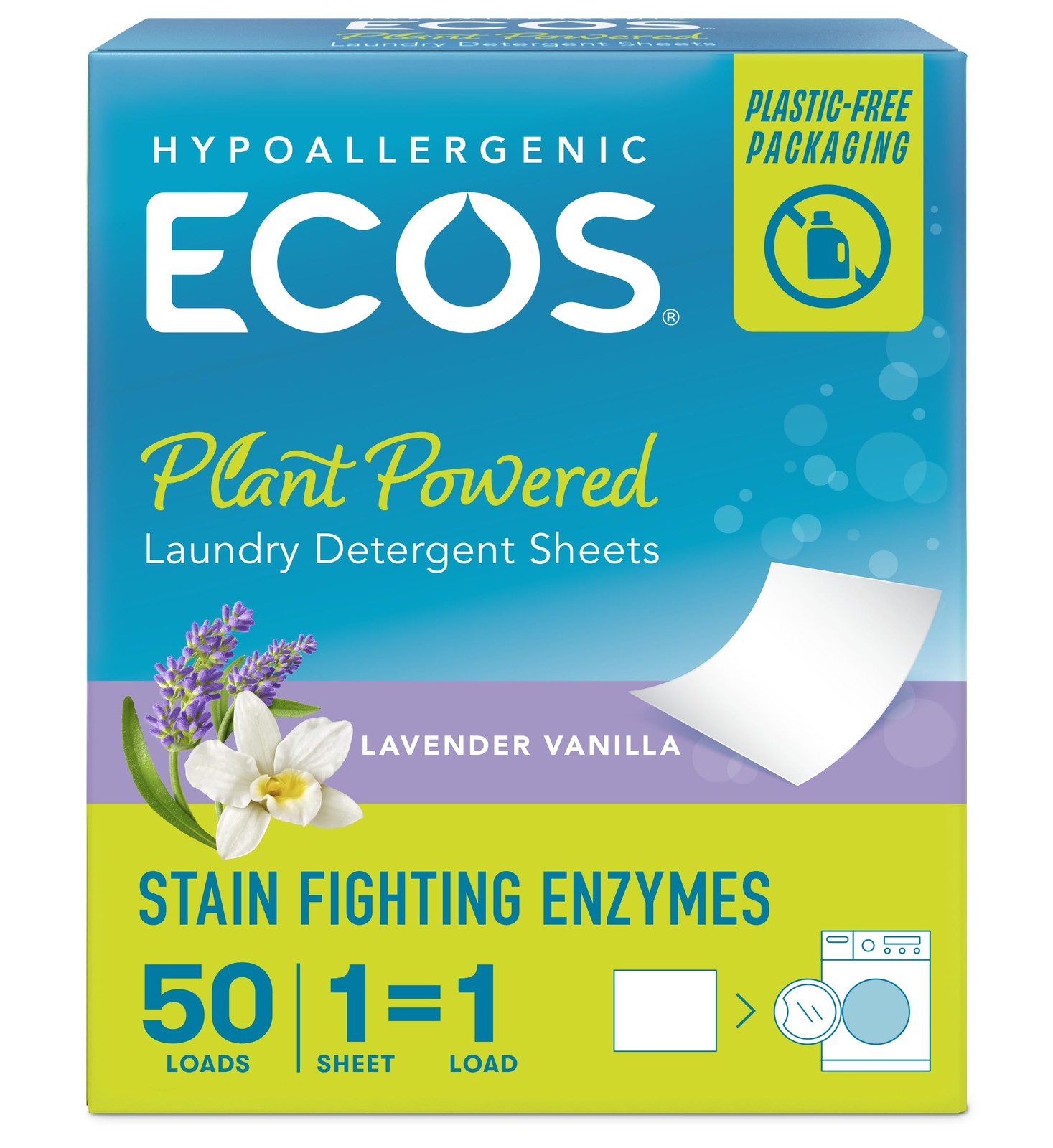 Ecos Lavender Vanilla Laundry Detergent Sheets 50 Count Eco-friendly Hypoalle…