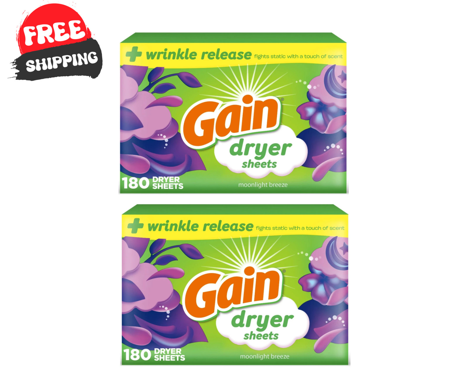 (Pack of 2) Gain Fabric Softener Dryer Sheets, Moonlight Breeze, 180 Count