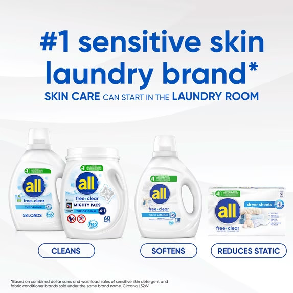 All Liquid Fabric Softener, Free Clear, 34 fl oz, 50 Loads