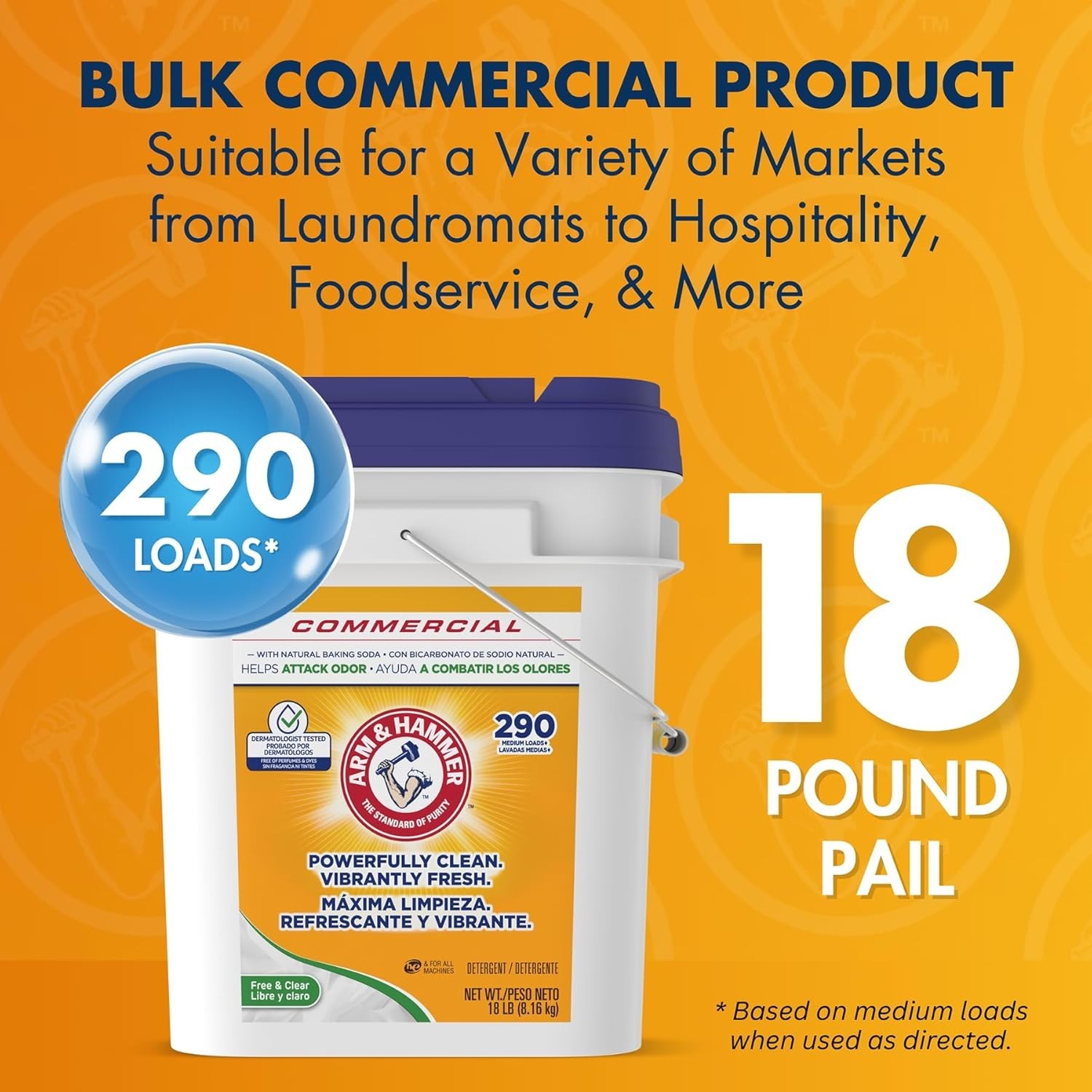 Arm & Hammer Free Clear Powder Laundry Detergent 18 Lb Pail Hypoallergenic Bulk