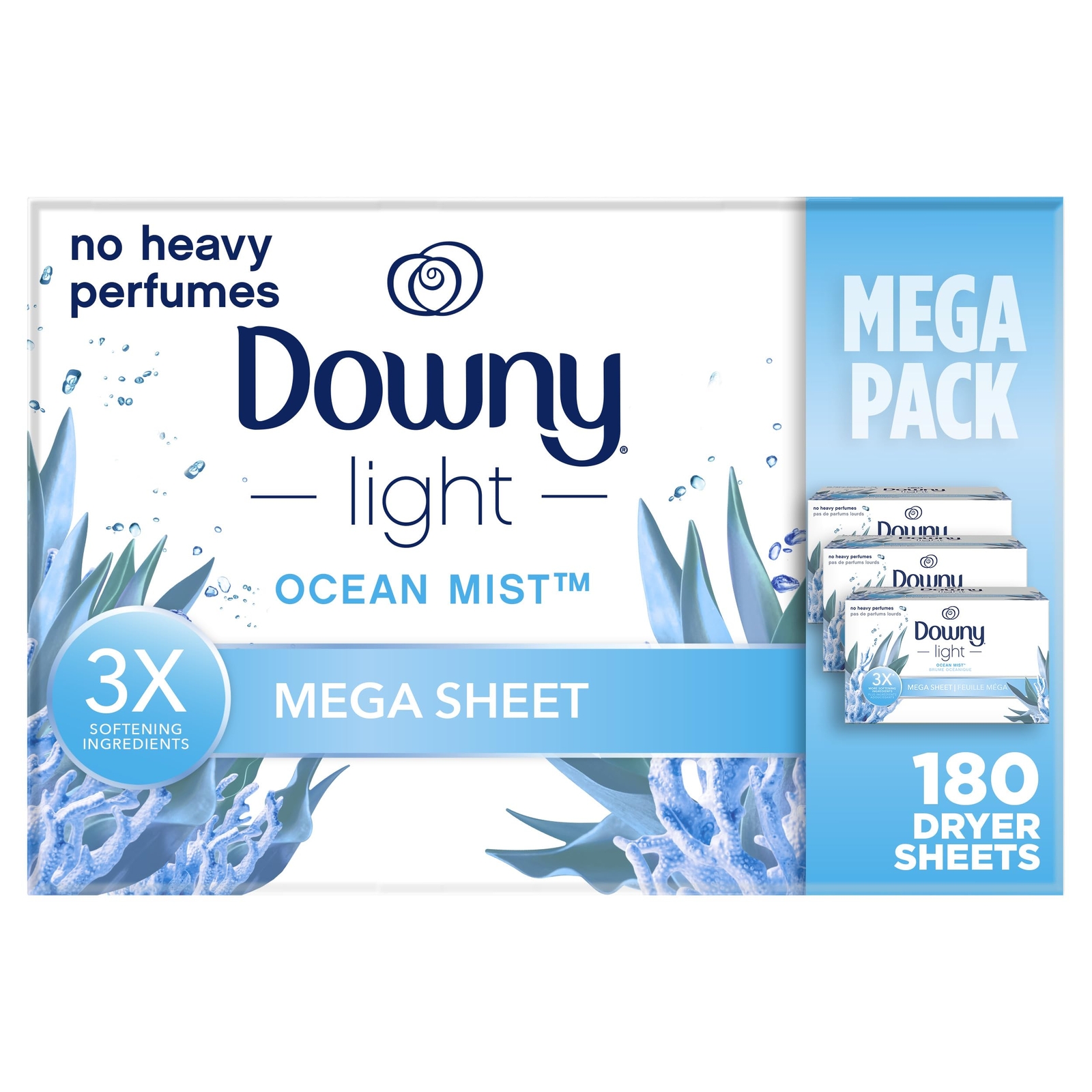 Downy Light Mega Dryer Sheets 180 Count Ocean Mist Softener 3X Freshness