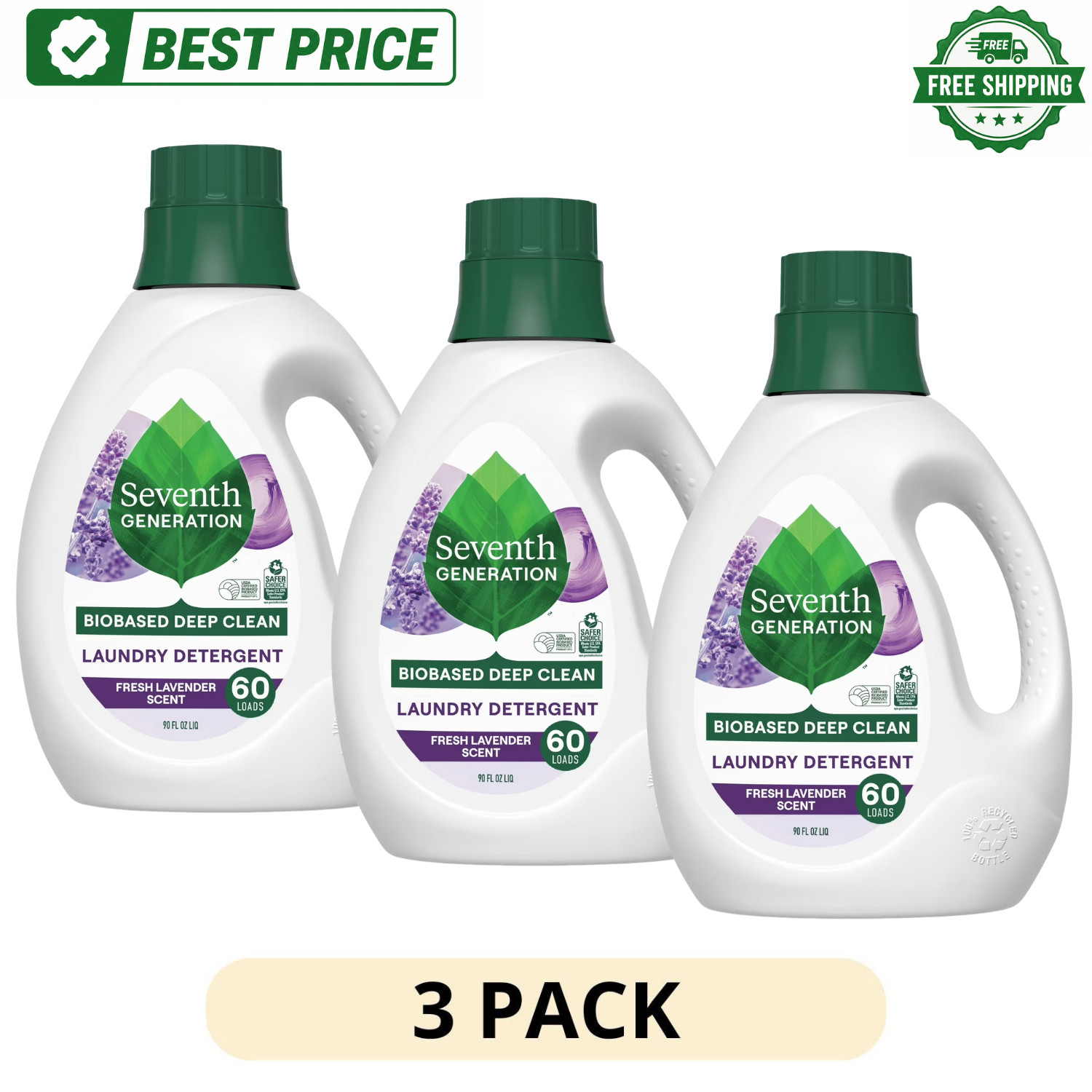 (3 Pack) Seventh Generation Lavender Liquid Laundry Detergent 90oz, 60 Loads