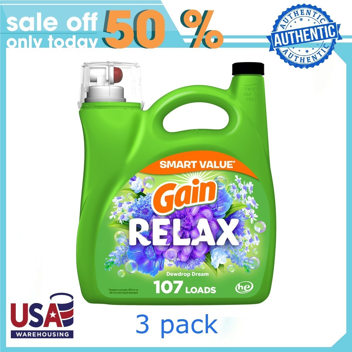 3p Gain Liquid Laundry Detergent, Dewdrop Dream Scent, 154 fl oz, 107 Loads, HE