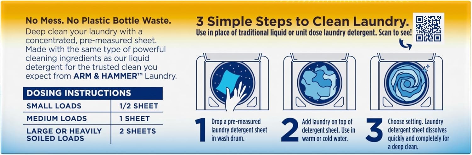Arm & Hammer Power Sheets Laundry Detergent, Fresh Linen 50ct, up to 100 Small L