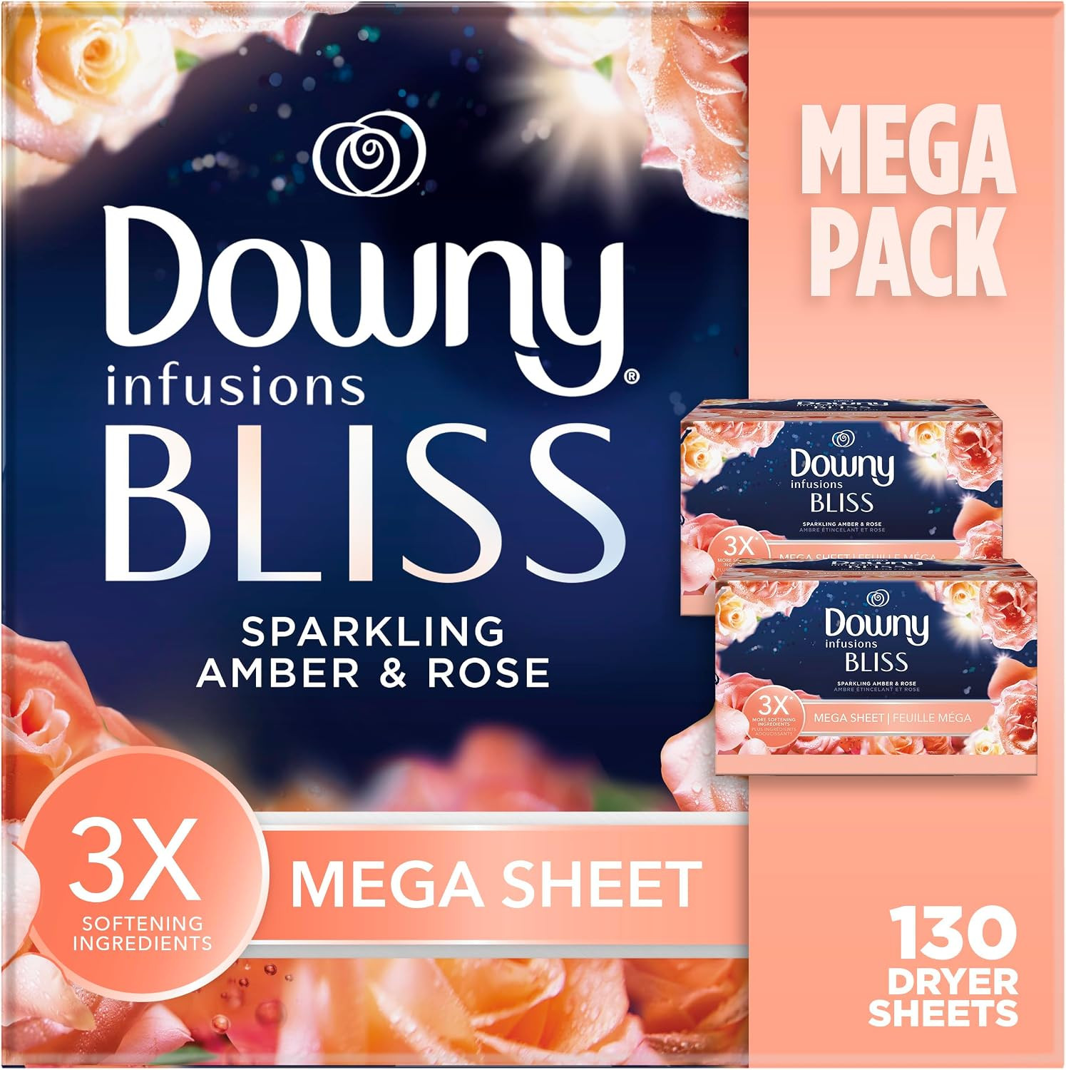 Infusions Mega Dryer Sheets, Laundry Fabric Softener, BLISS, Amber and Rose, 130