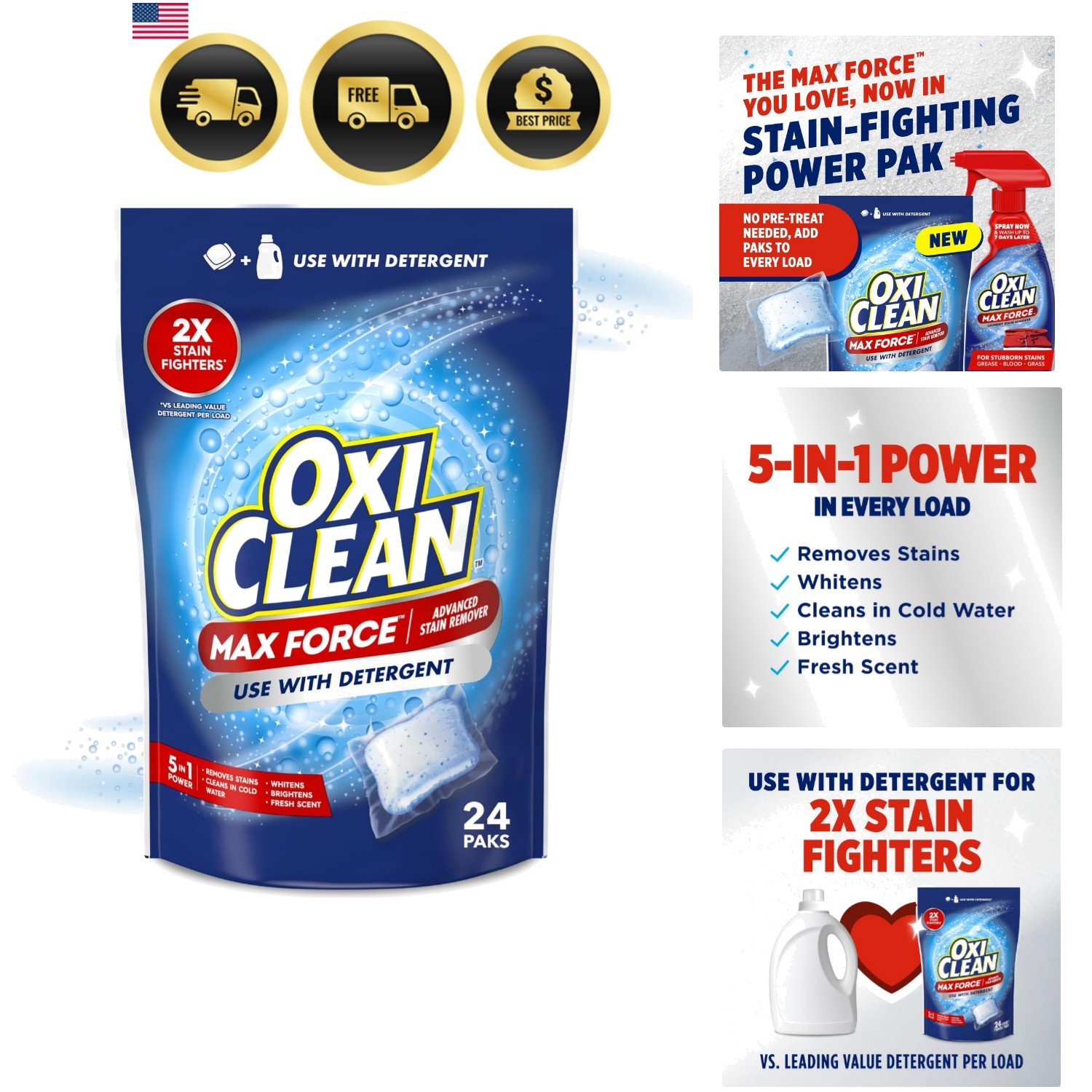 Max Force Advanced Stain Remover Power Paks, 24 Count | Use with Detergent, 2…