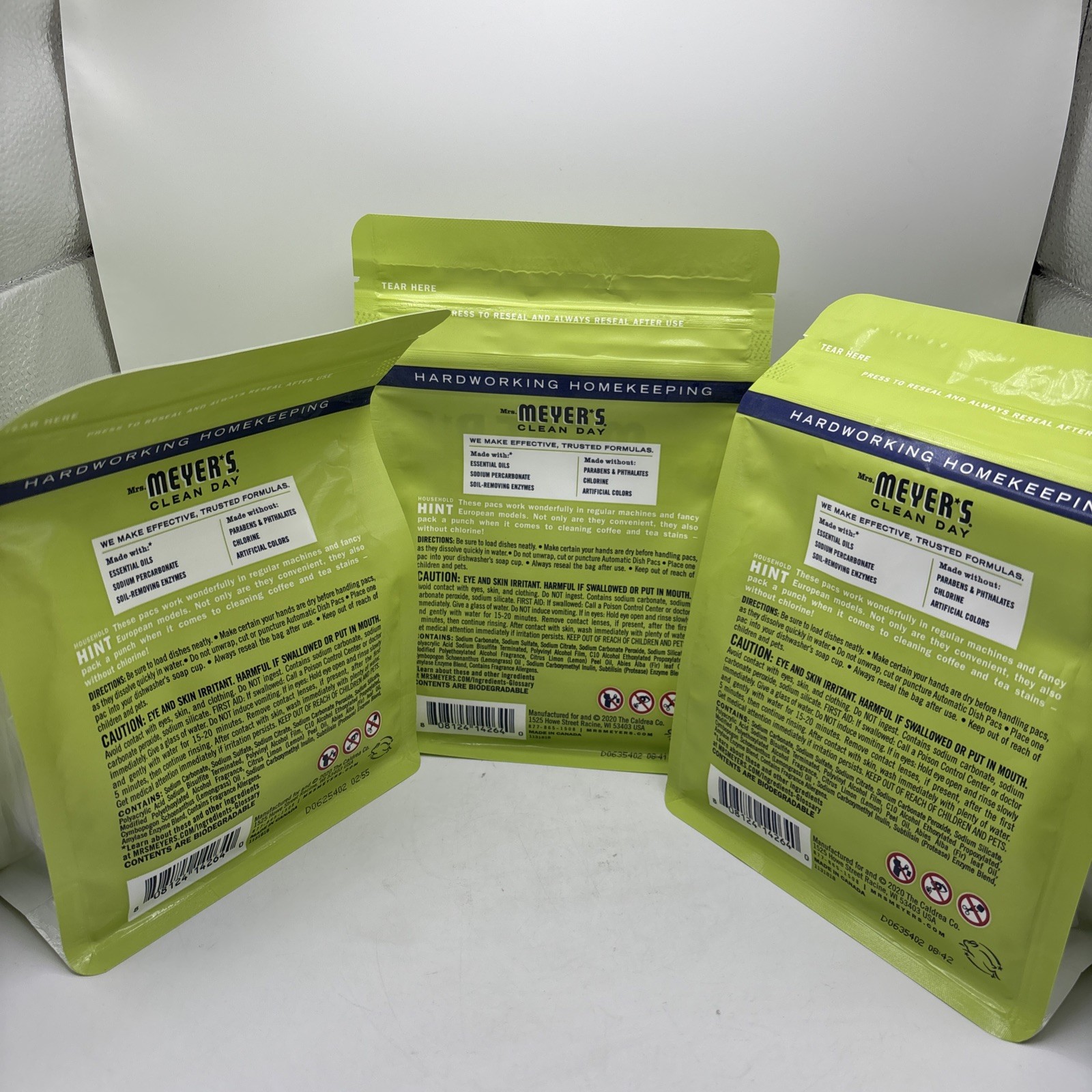 Lot of 3 Mrs Meyer’s Clean Day Dish Pacs Lemon Verbena 20 Ct 11.6 oz