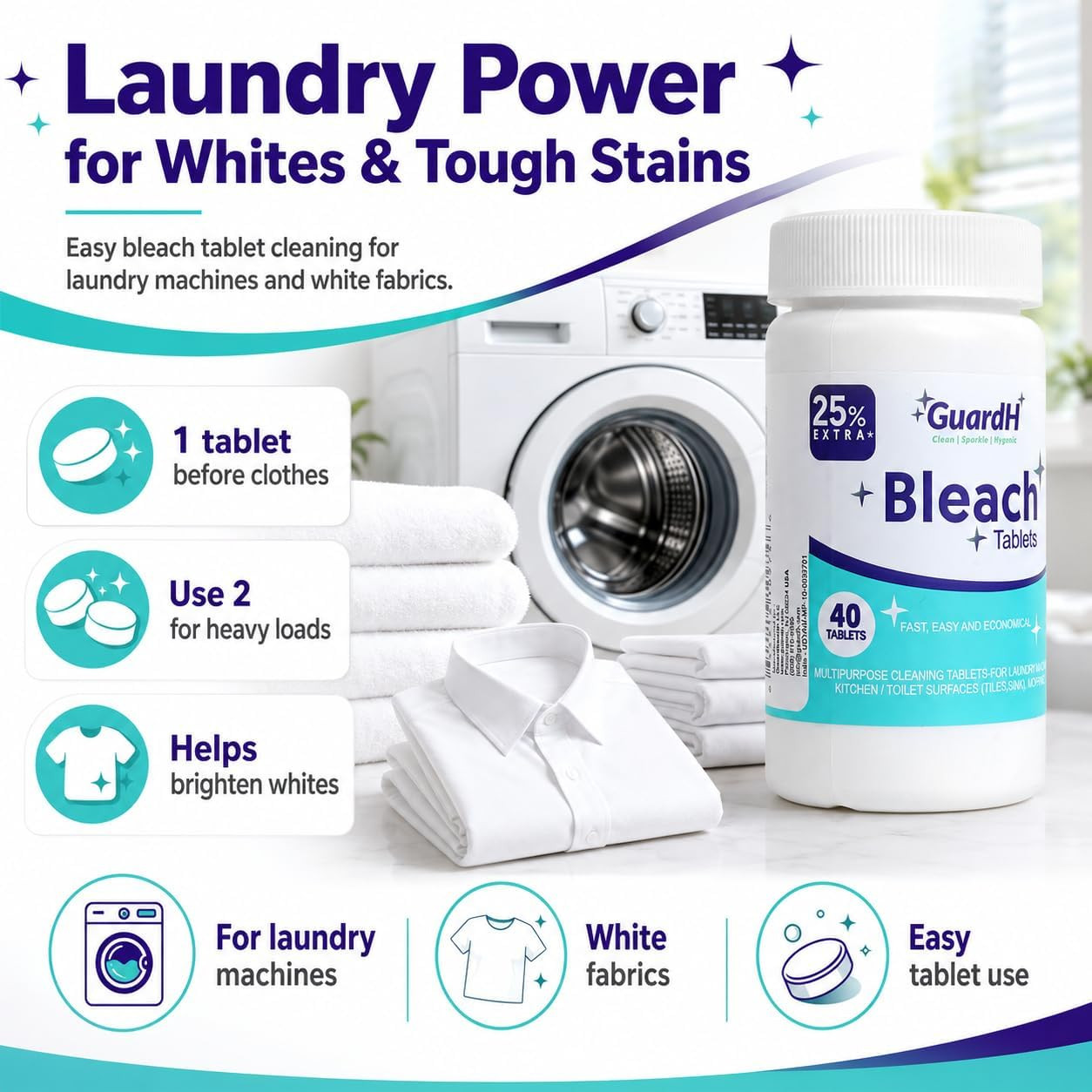 Bleach Tablets for Laundry & Household Cleaning – 40 Count Fast Dissolving Bleac