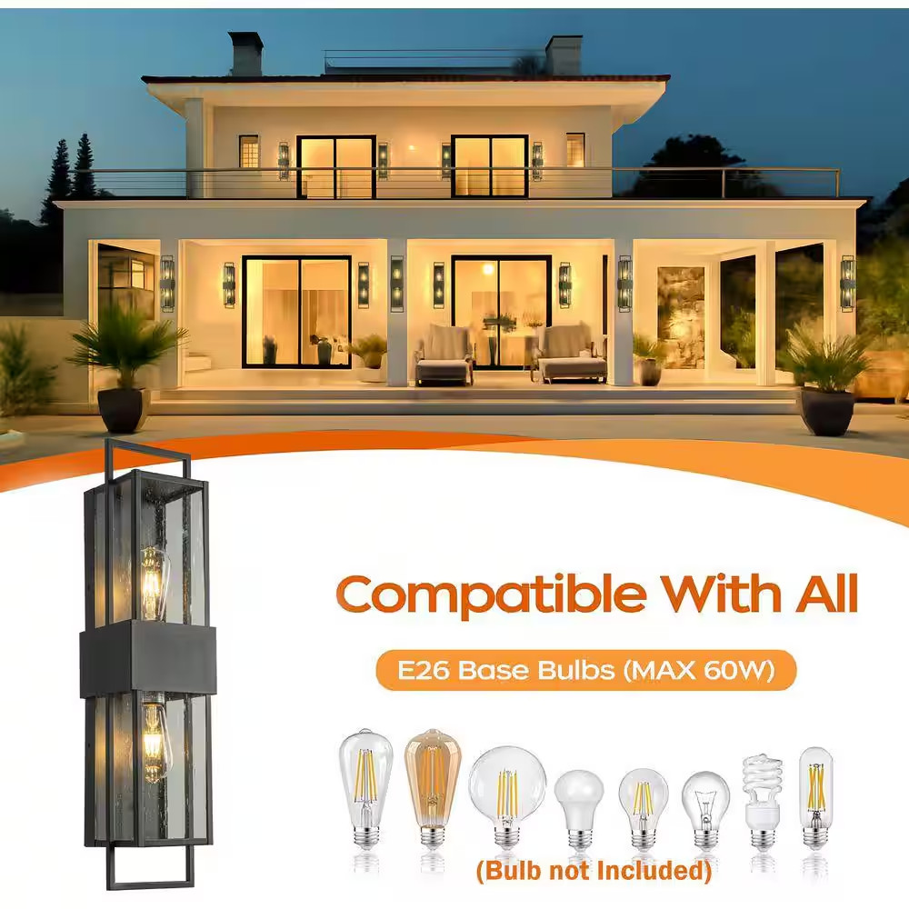 H26 In. 2-Light Modern Outdoor Wall Light W/ Dusk to Dawn Sensor Black Exterior