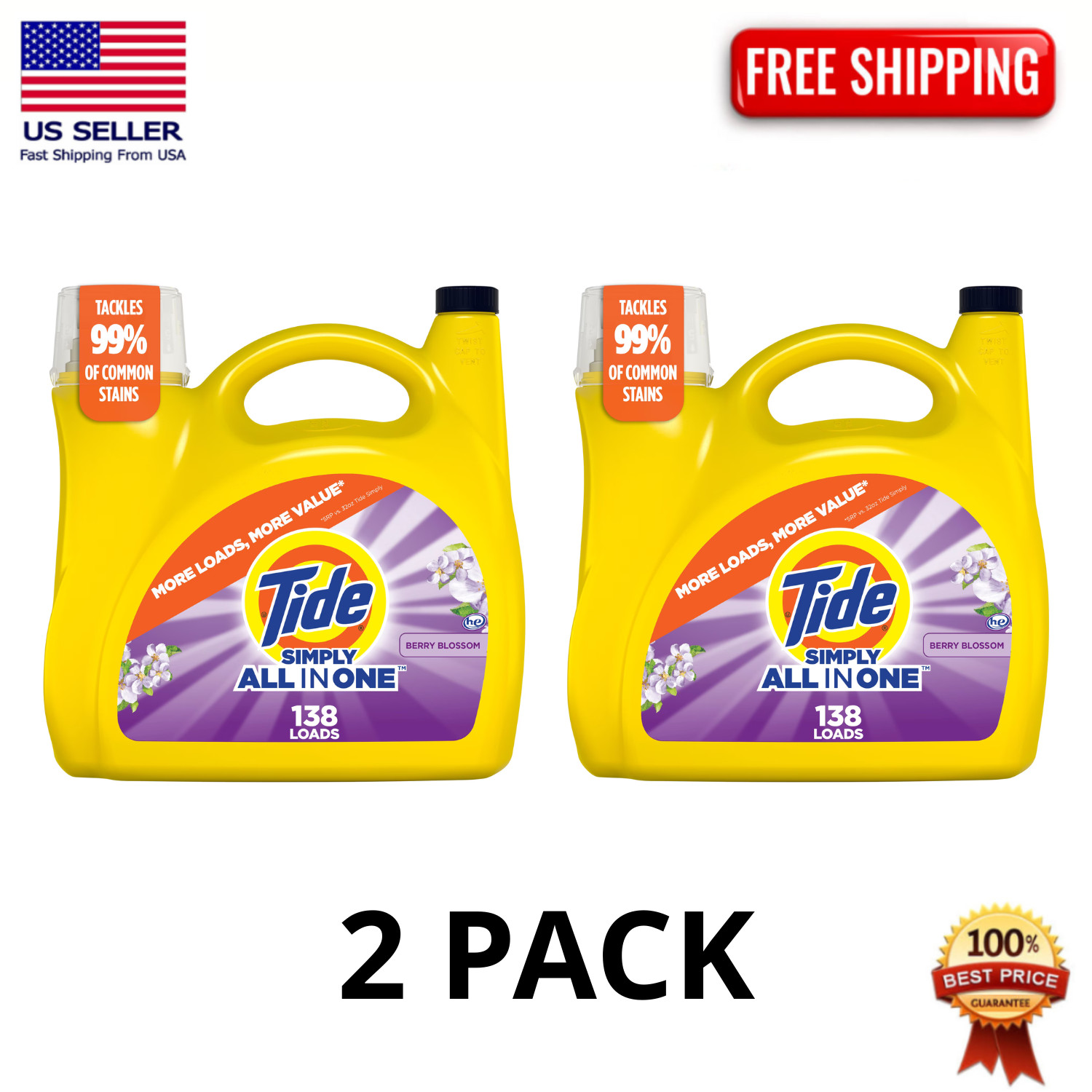Tide Simply All-In-One Laundry Detergent Berry Blossom 173 fl, 138 Loads, 2 Pack