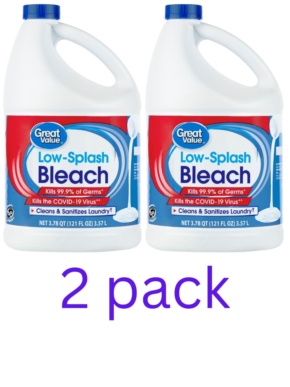 Great Value Low Splash Bleach Regular, 121 oz (Pack-2)