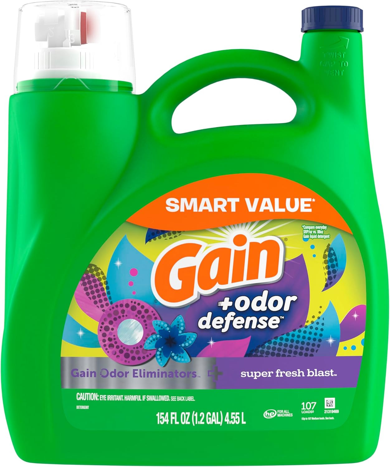 + Odor Defense Liquid Laundry Detergent, Super Fresh Blast Scent, 107 Loads, HE