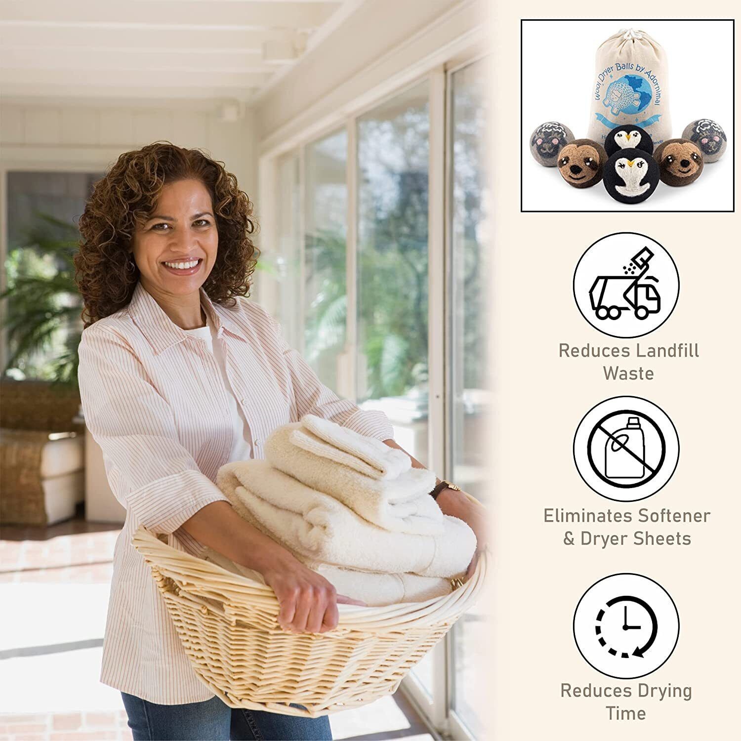 Wool Dryer Balls Penguin, Sloth, & Sheep Design 6-Pack Natural Fabric Softener