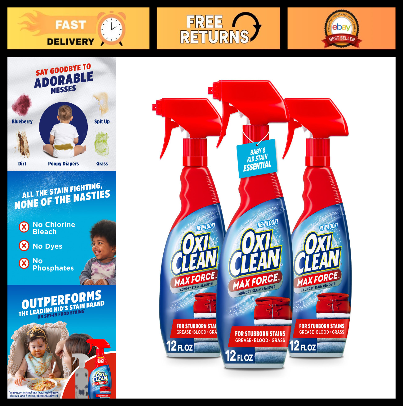 Powerful Laundry Stain Remover Spray – Baby Safe, 3-Pack, 12 fl oz – Stain Treat