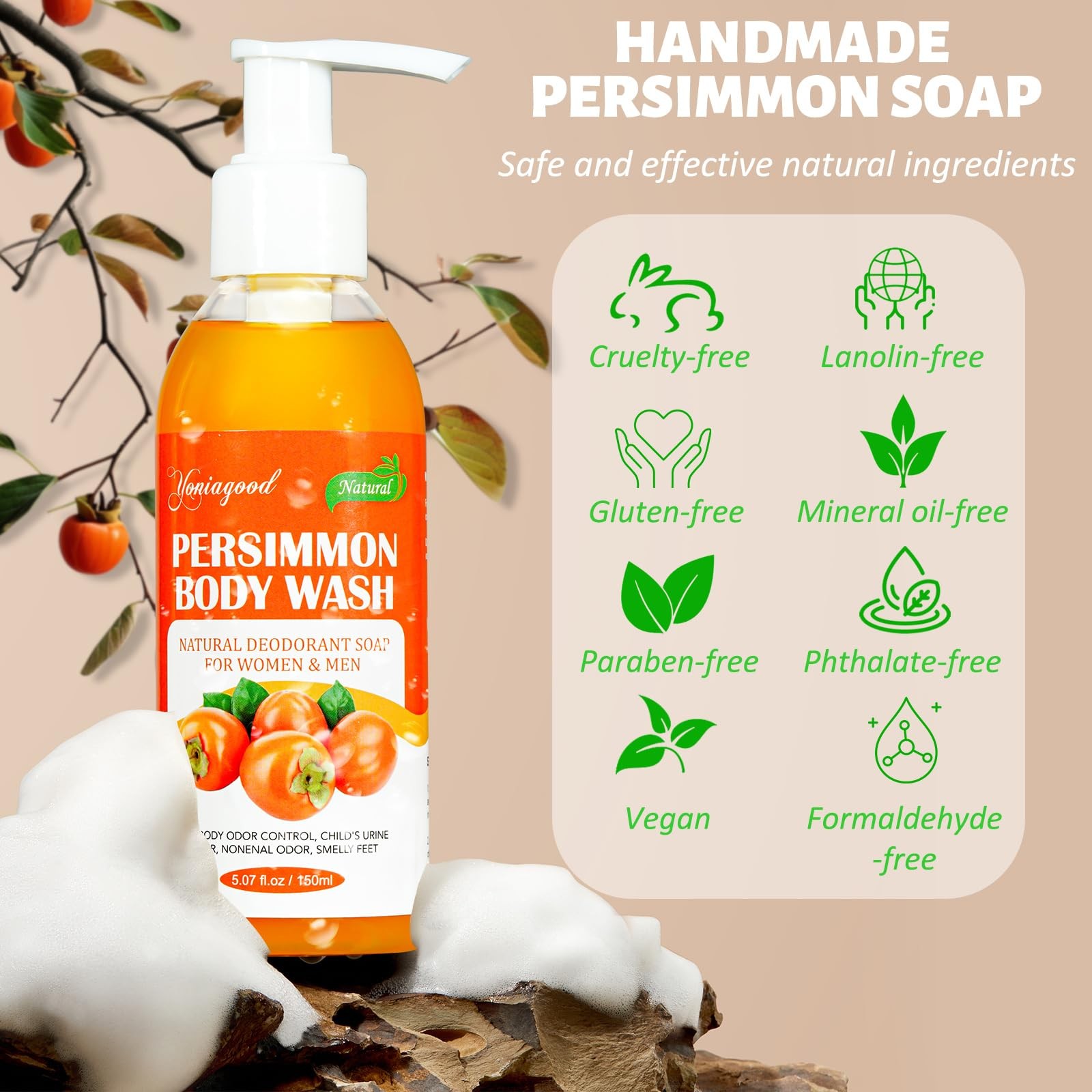 2 PCS Persimmon Body Wash for Strong Odor Control, 5.07 Fl Oz (Pack of 2)
