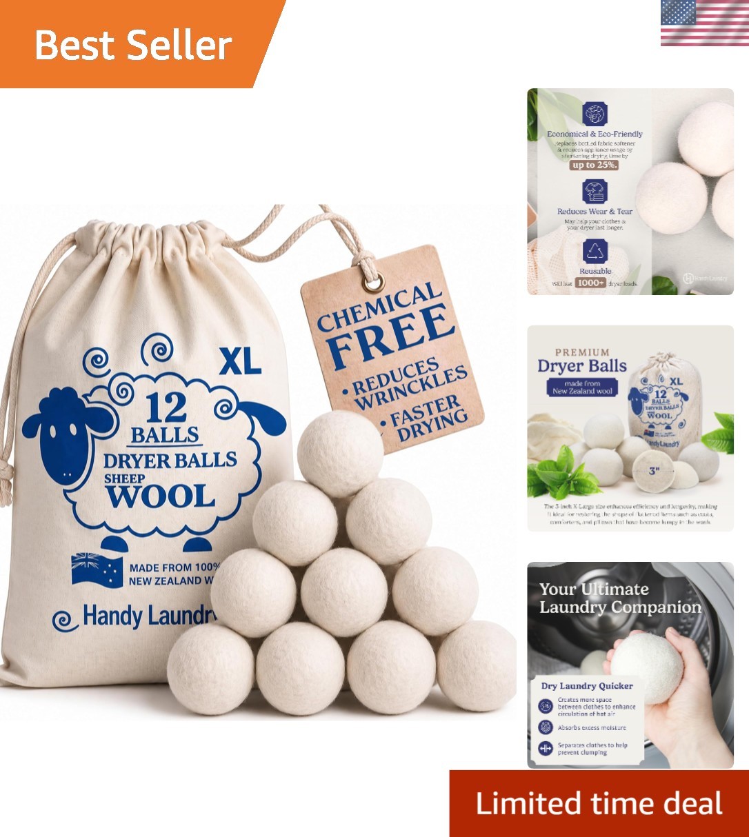 Reduce Wrinkles & Static with 12 Reusable Wool Dryer Balls – Natural Softener