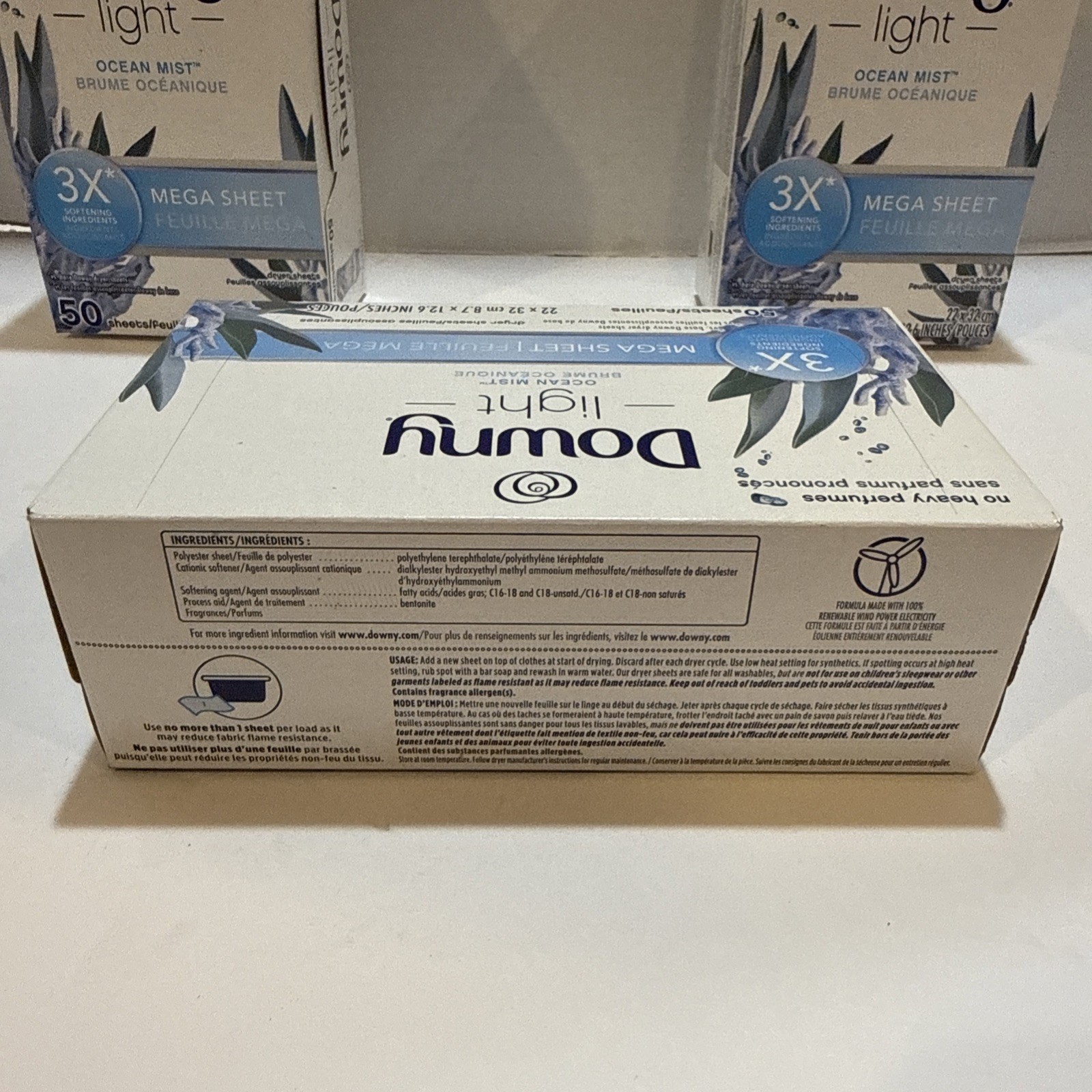 Lot 3: Downy Light Ocean Mist 3x Softening Ingredients 50 Mega Dryer Sheets