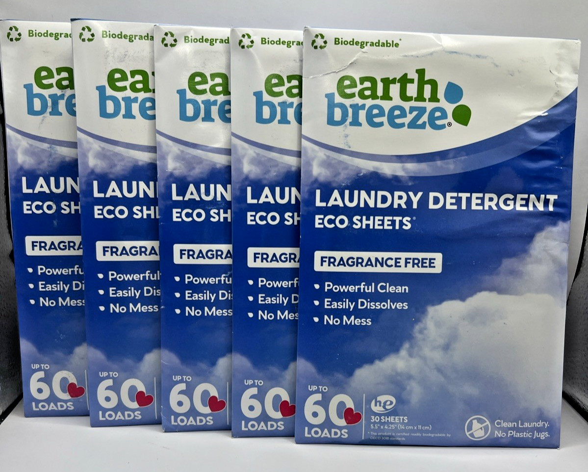 5 Packs Earth Breeze Laundry Detergent 60 Eco Sheets No Scent Up to 300 Loads