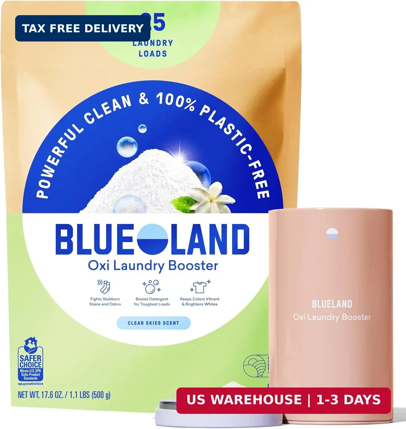 BLUELAND Oxi Laundry Booster Powder, Clear Skies Scent, 17.6 oz | 100% Plastic-f