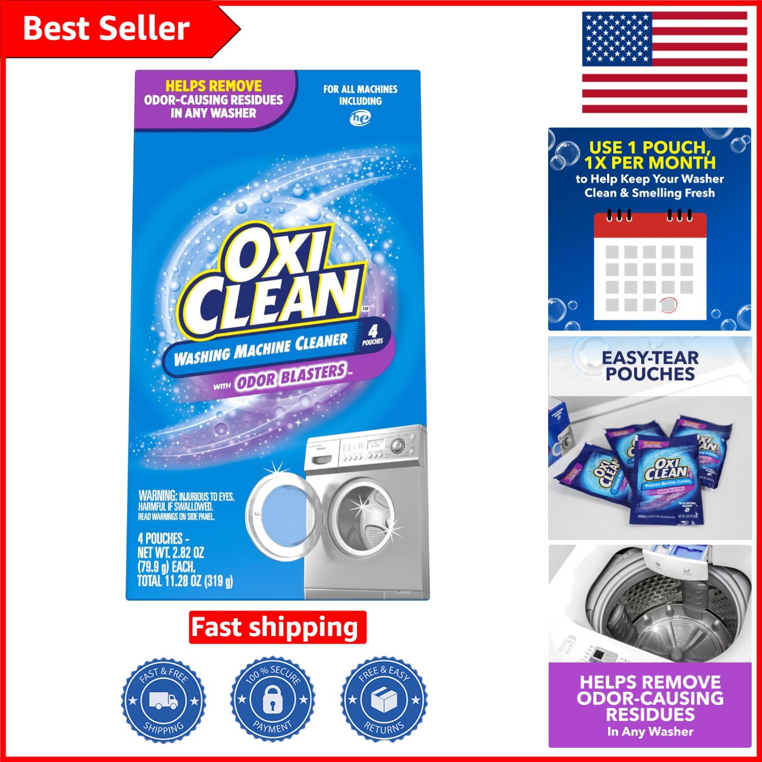 Powerful Odor Eliminator – 4 Count Washing Machine Cleaner with Odor Blasters