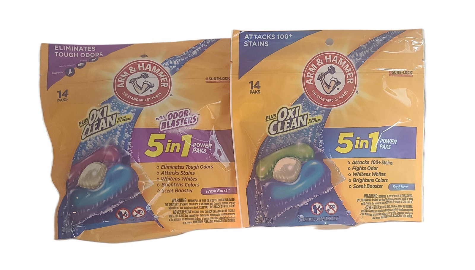 NEW (Lot of 2) Arm & Hammer Plus OxiClean 5-in-1 Laundry Power Paks 28ct Total