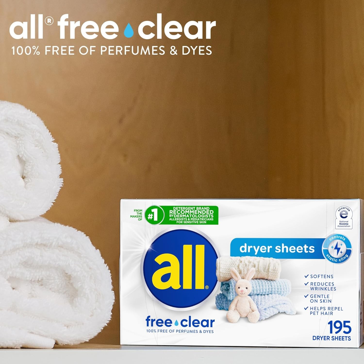 all Fabric Softener Dryer Sheets for Sensitive Skin, Free Clear, 195 Count