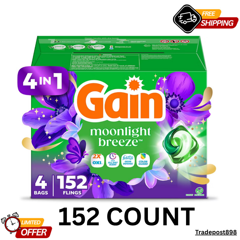 Gain Flings 4 in 1 Laundry Detergent Pacs, Moonlight Breeze, 152 Count