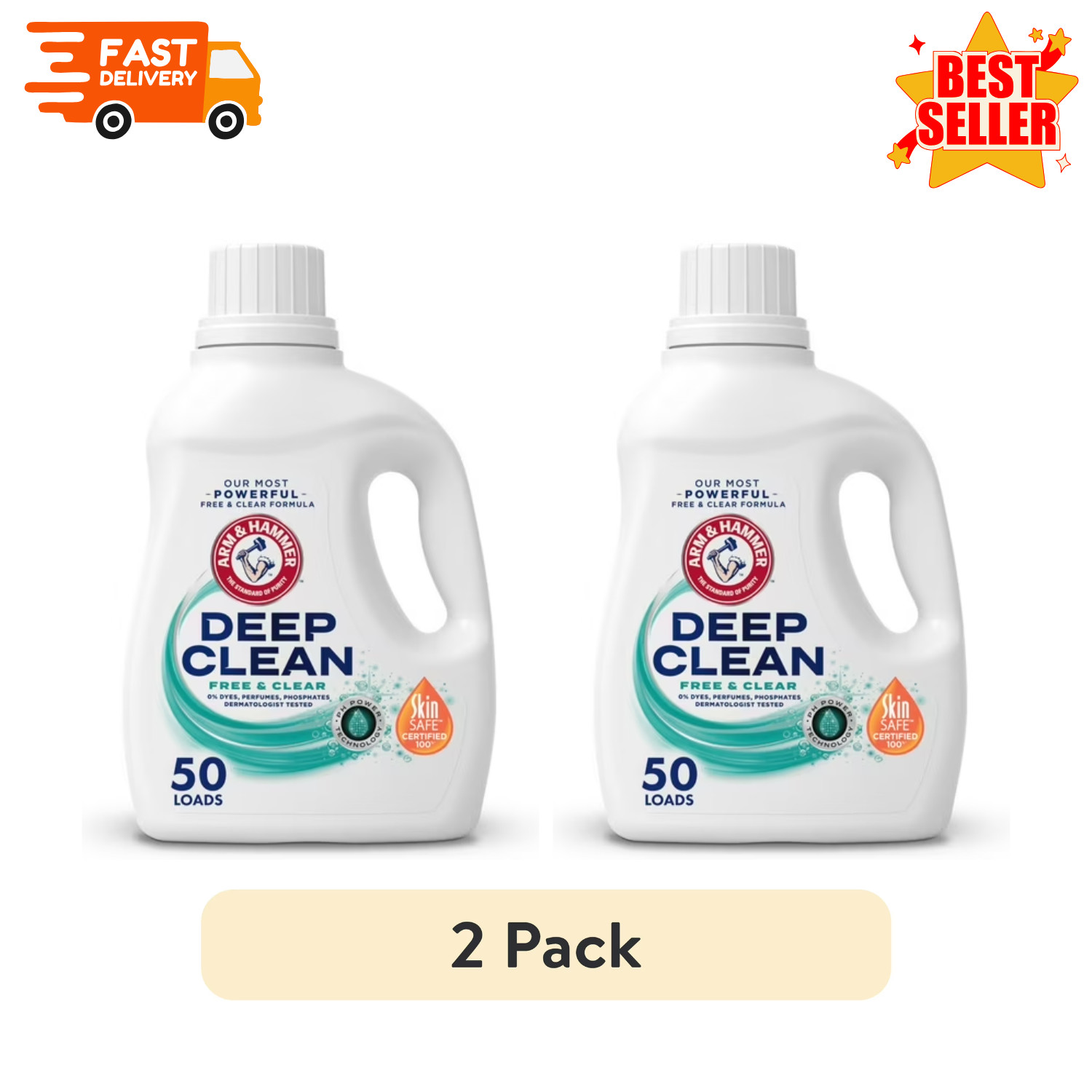 2 Pack ARM HAMMER Deep Clean Free Clear Liquid Laundry Detergent 75 Fl Oz