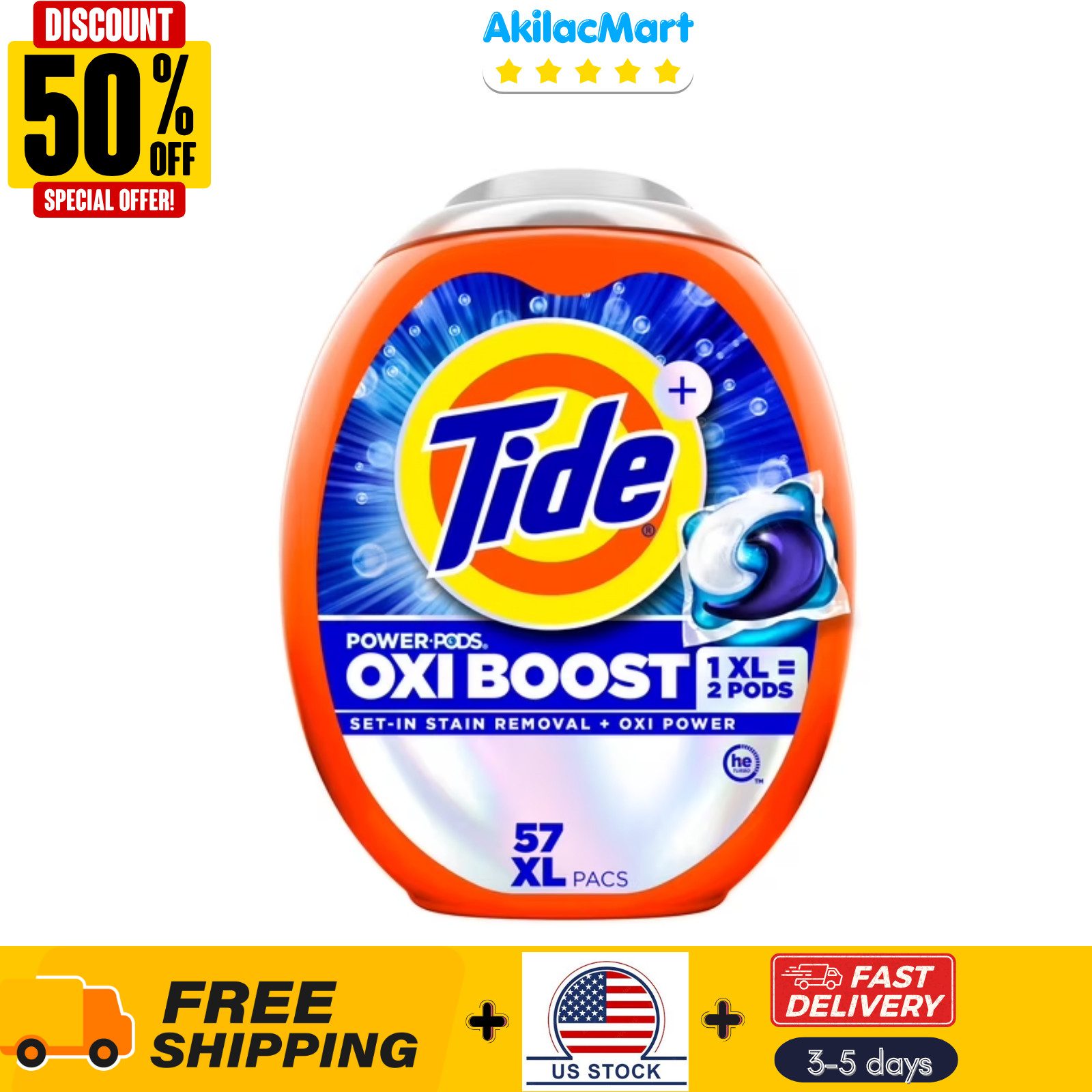 Tide Oxi Boost Power PODS Laundry Detergent Pacs, 57 Count, Set-In Stain Removal