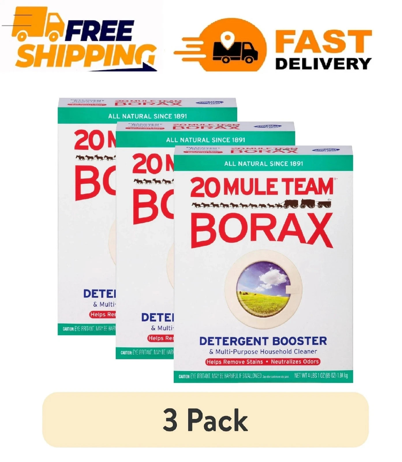 3 pack 20 MULE TEAM Laundry Detergent All Natural Booster Multi Cleaner-65Oz