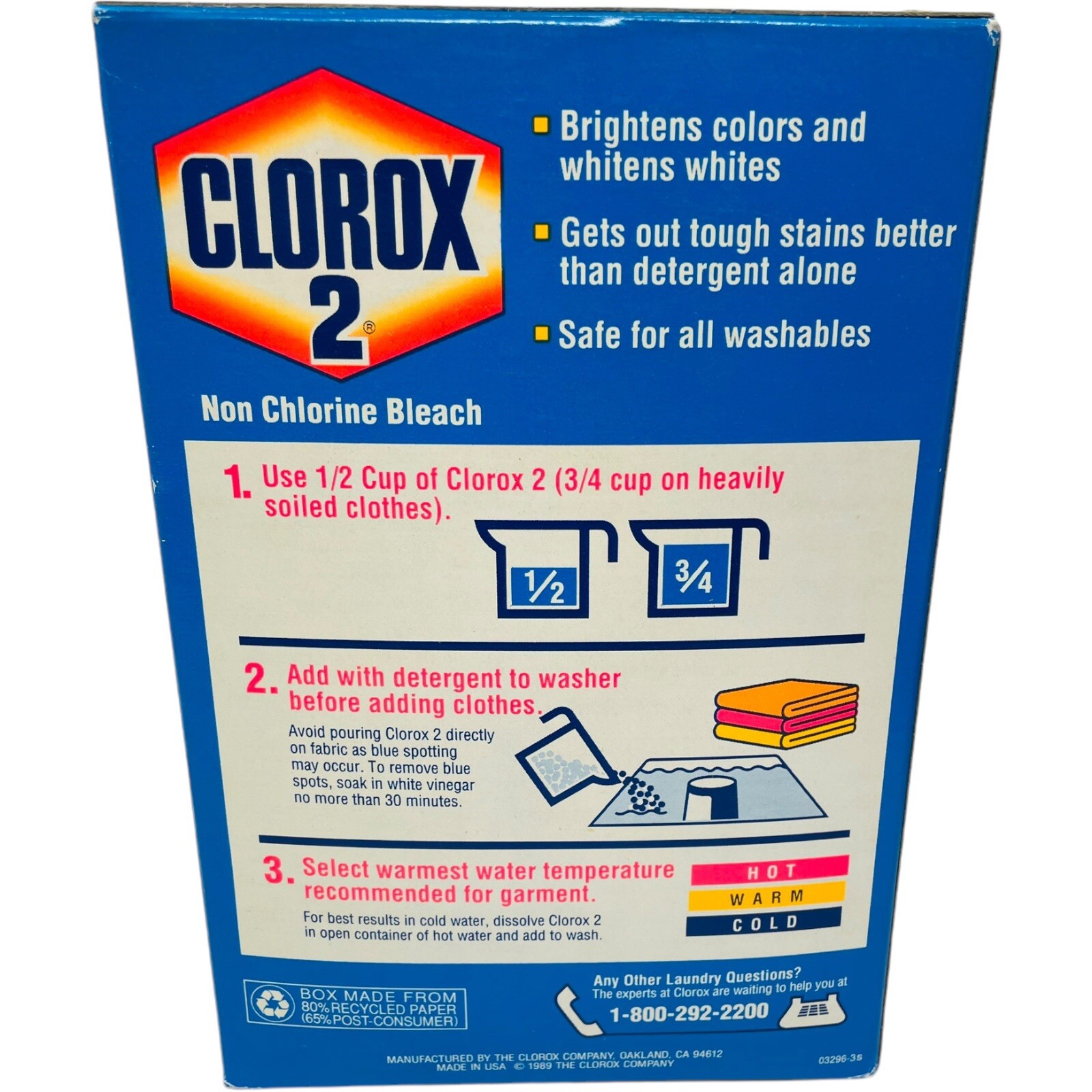 Vintage Clorox 2 Non Chlorine 40 oz 1989 Color Safe Bleach Whitens Sealed Prop