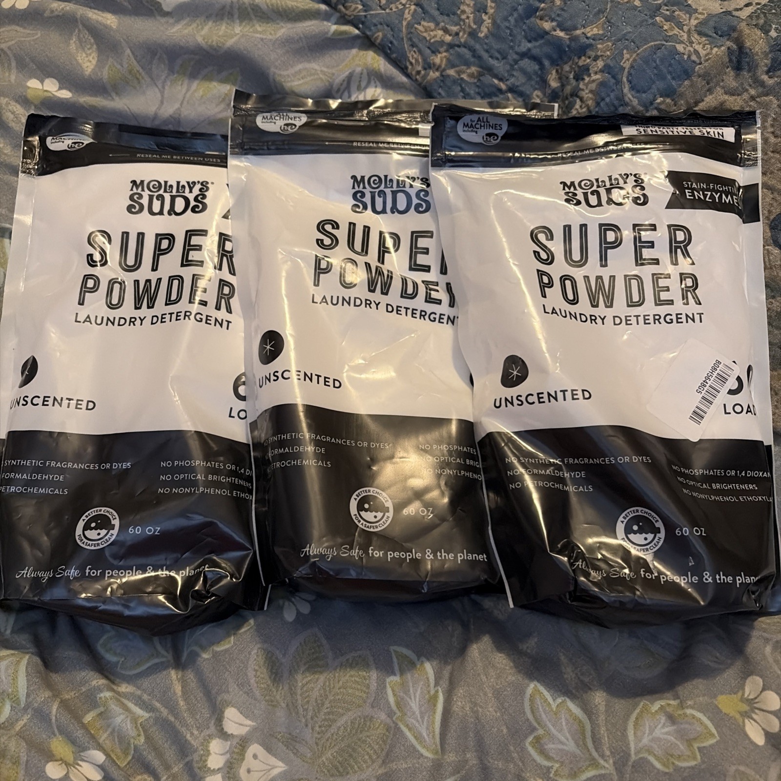 Molly’s Suds Laundry Detergent Powder Unscented 3 Bags/ 60 loads each New