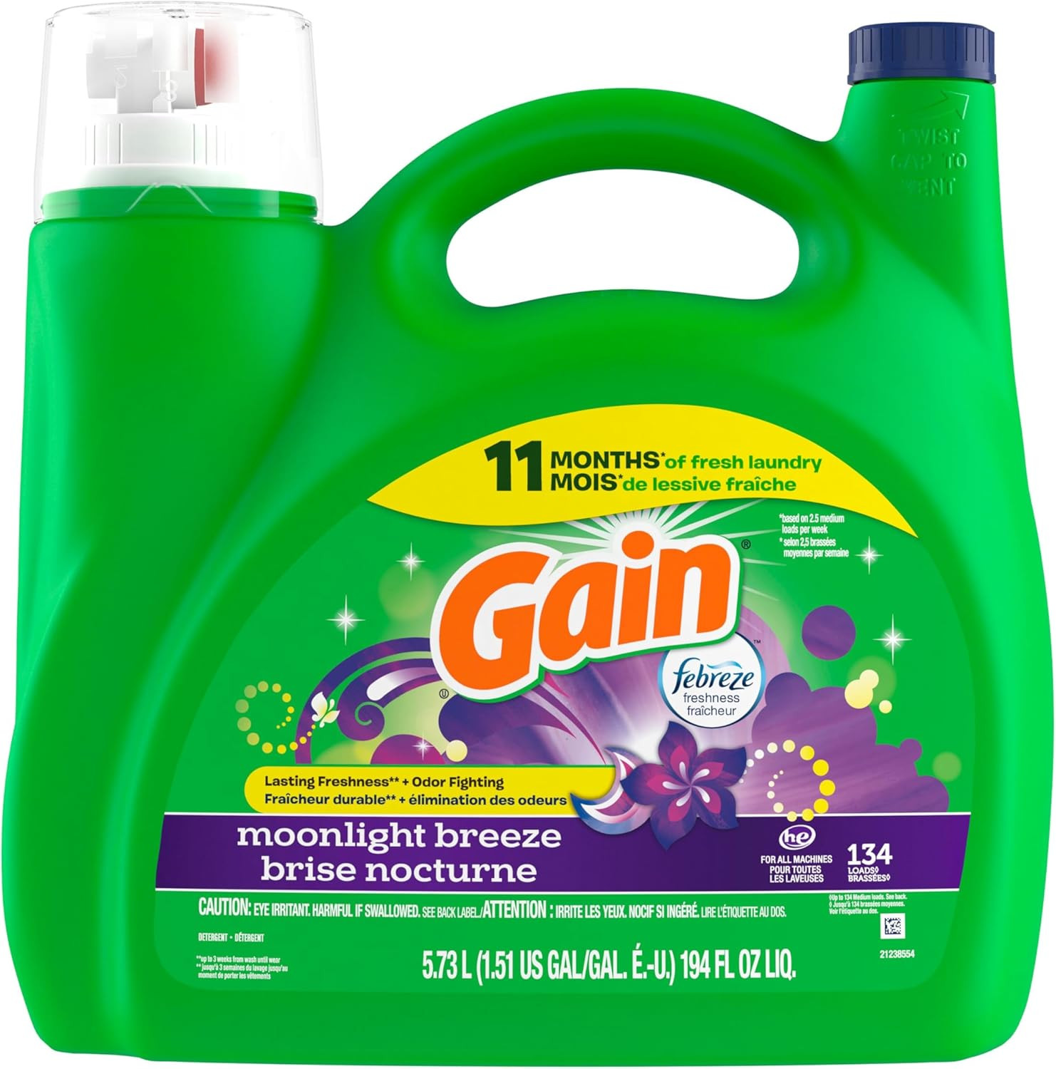 Gain Liquid Laundry Detergent, Moonlight Breeze Scent, 194 Fl Oz, 134 Loads, Fre