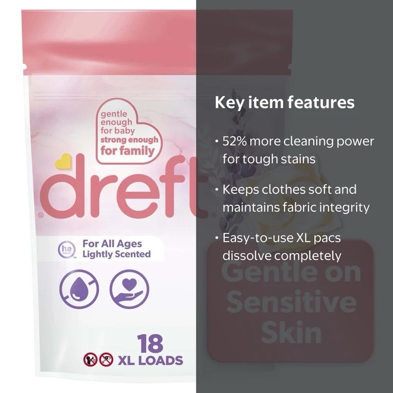 Dreft Laundry Detergent XL Pacs Lavender Light Scent 18 Count Baby Safe