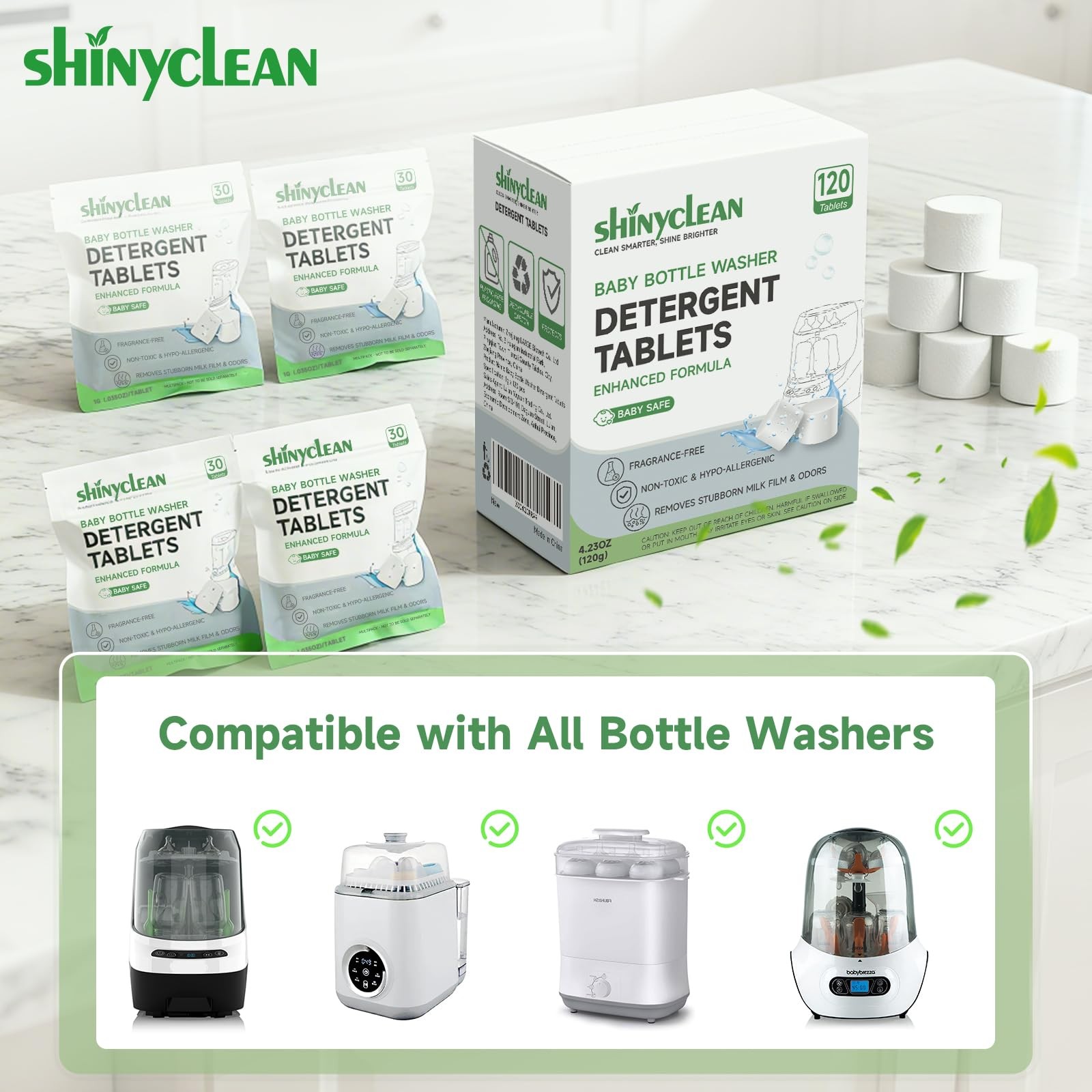 shinyclean Bottle Washer Detergent Tablets, Fits All Machines, 120 count