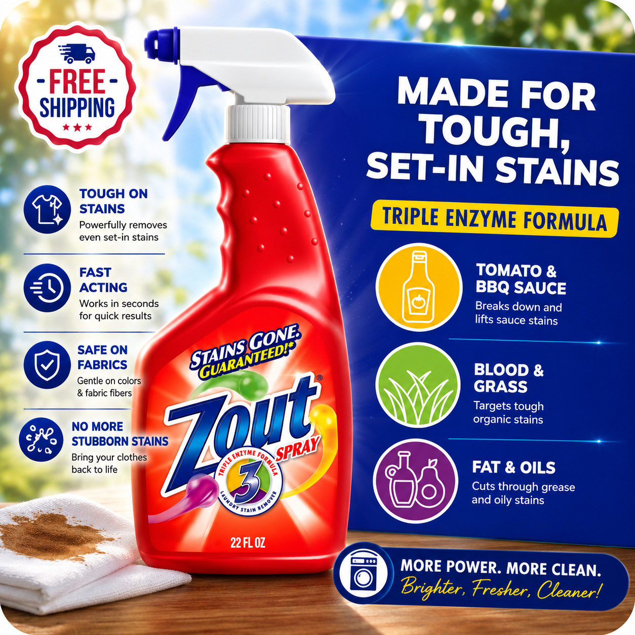Zout Laundry Stain Remover Spray, Triple Enzyme Formula, 22 oz, 1 Pack