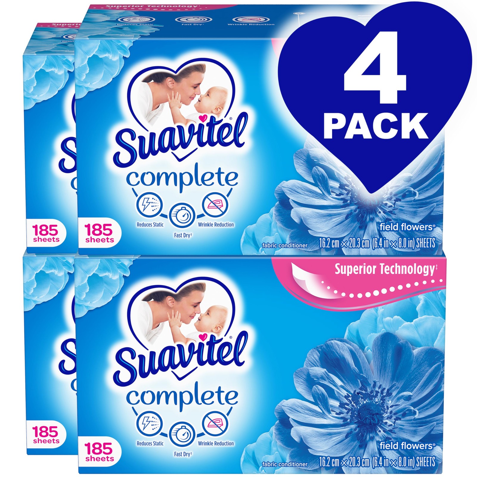 Suavitel Field Flowers Dryer Sheets, 4 Pack, 185 Count Each – Lasting Freshness