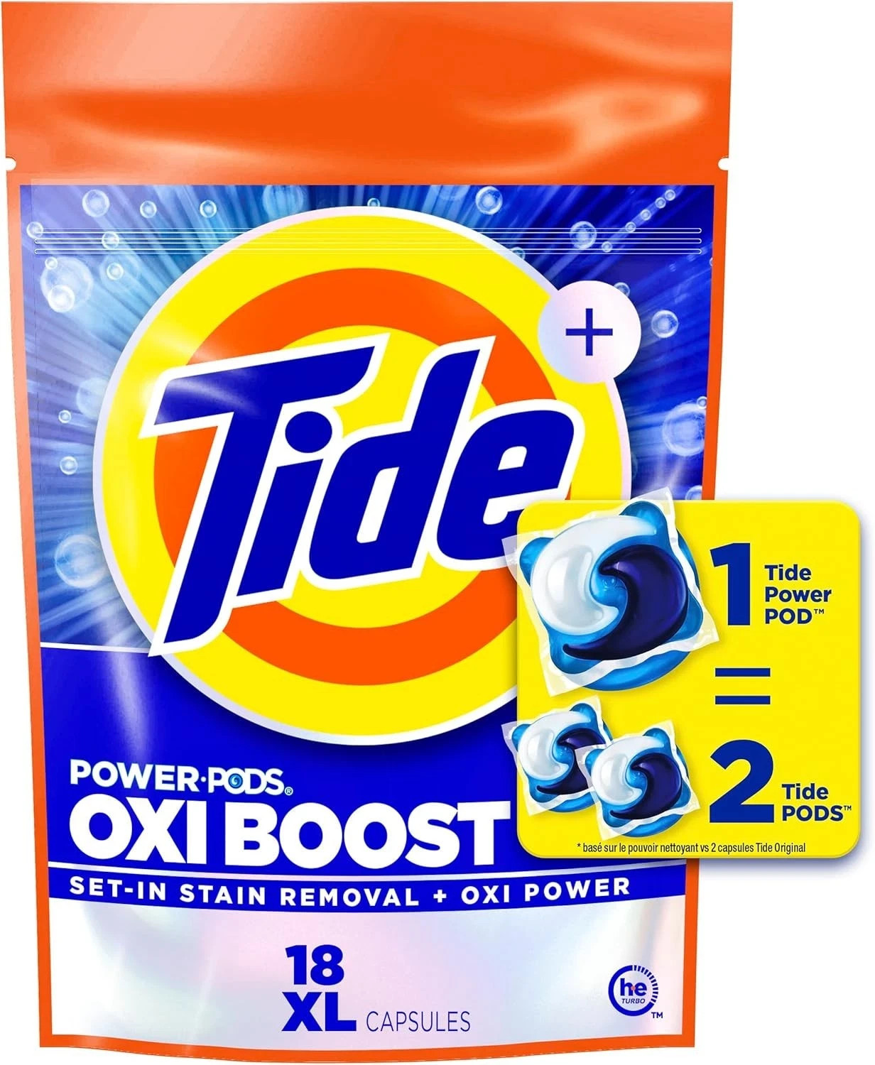 Tide Oxi Boost Power PODS Laundry Detergent Pacs, 18 Count, Set-In Stain Removal