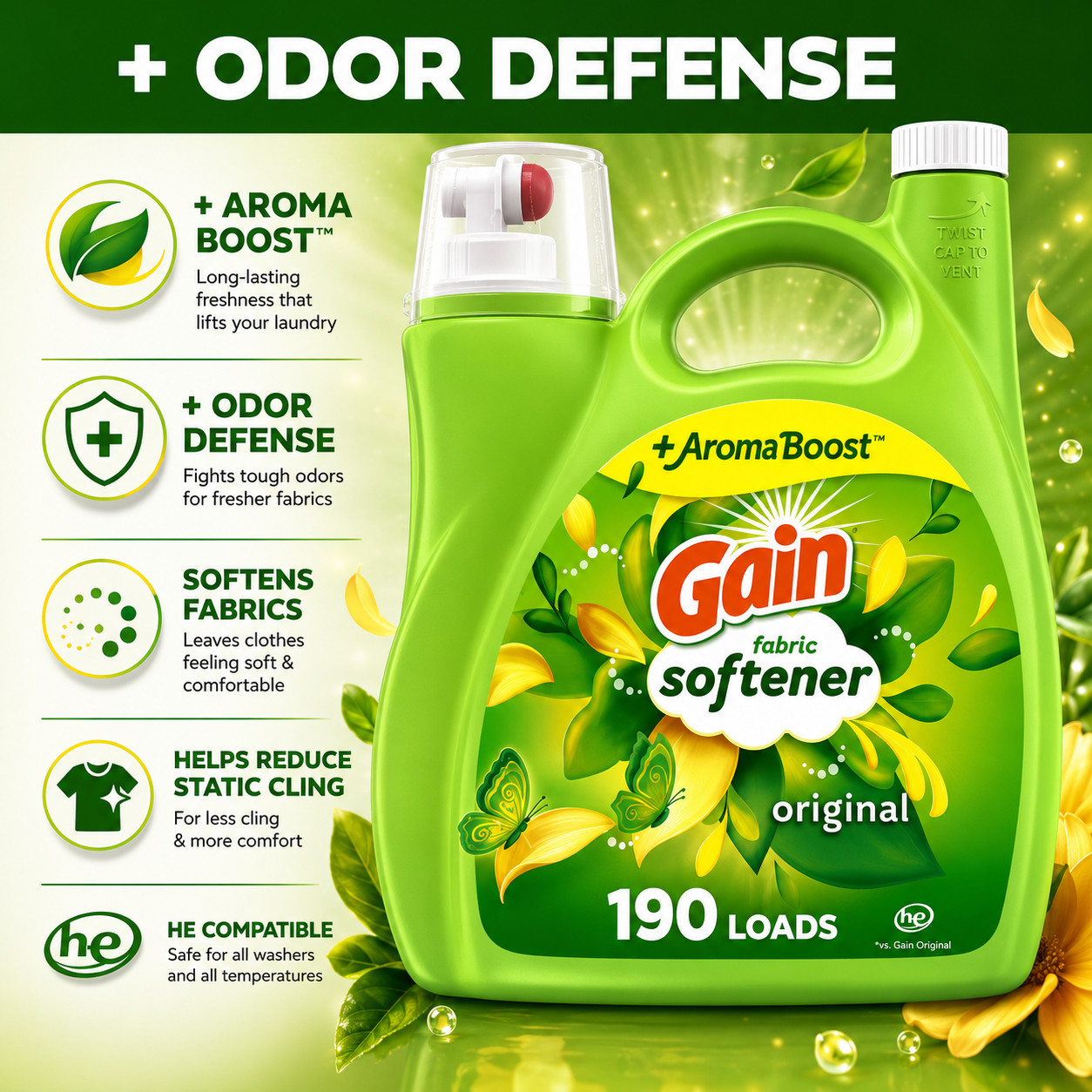 Gain Fabric Softener Original Scent 140 fl oz 190 Loads- Free Shipping